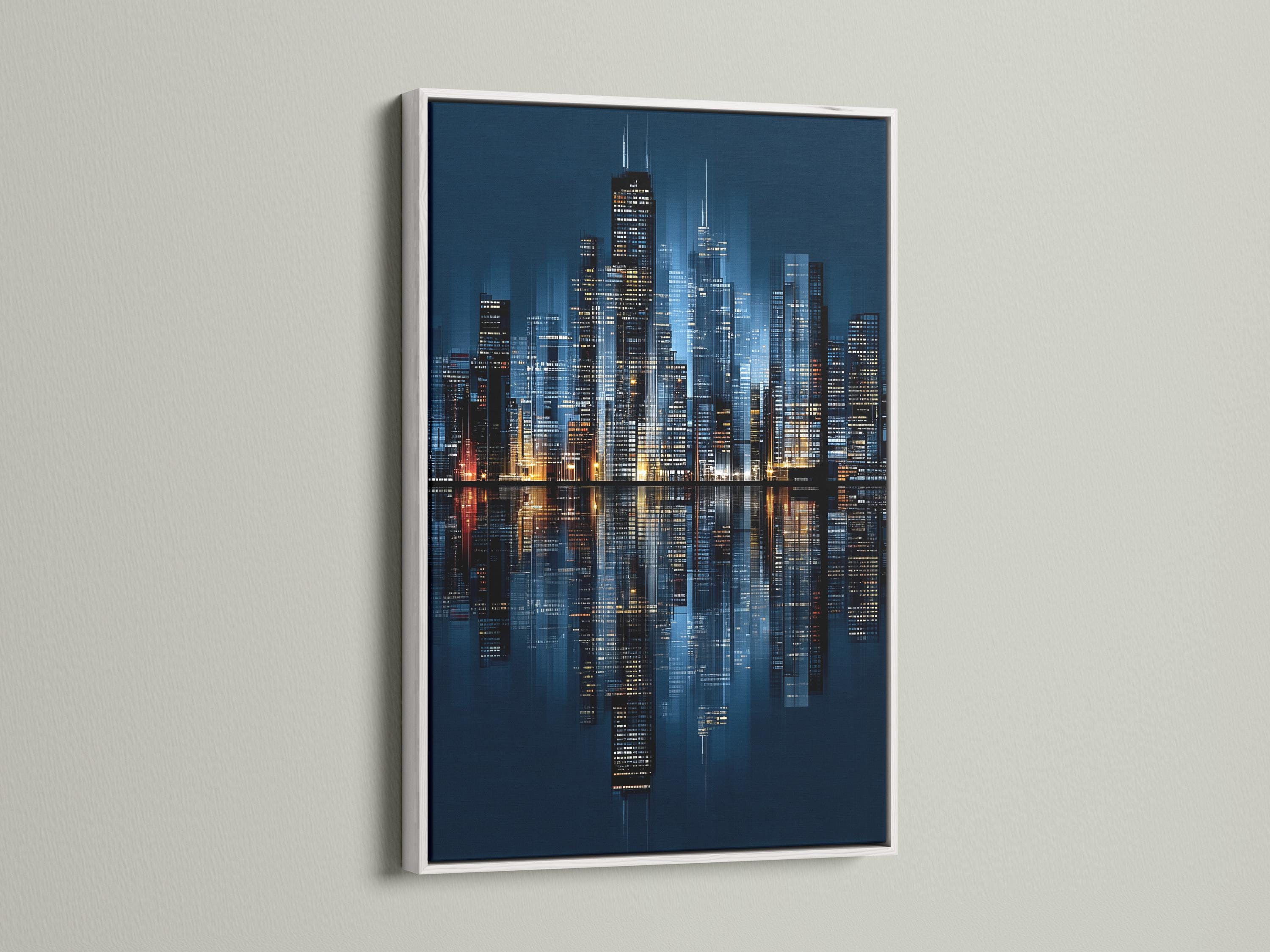 Night city skyline artwork in navy blue with illuminated buildings and reflections detail view