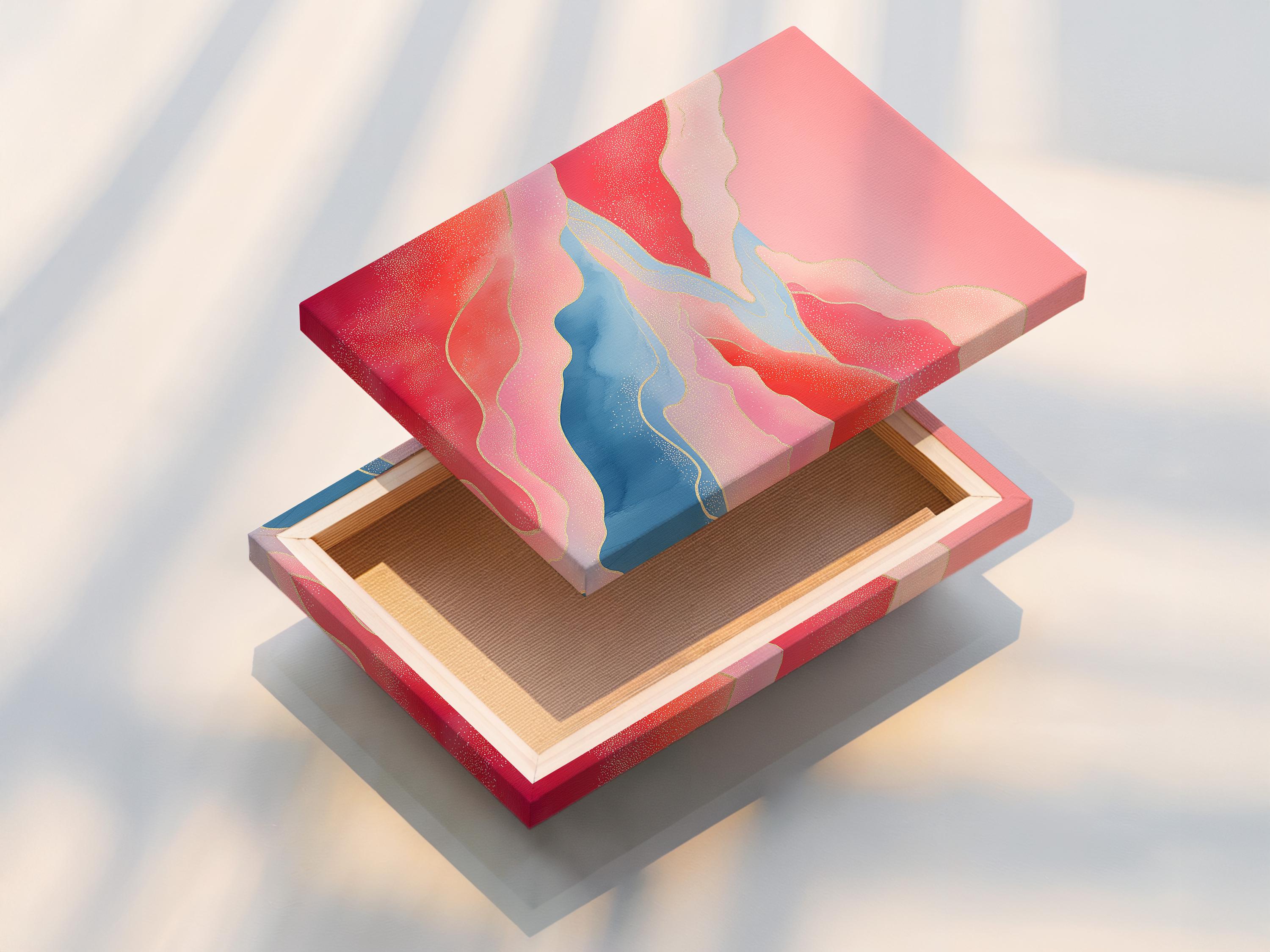 Pink and blue abstract landscape with a winding river and pale yellow contour lines detail view