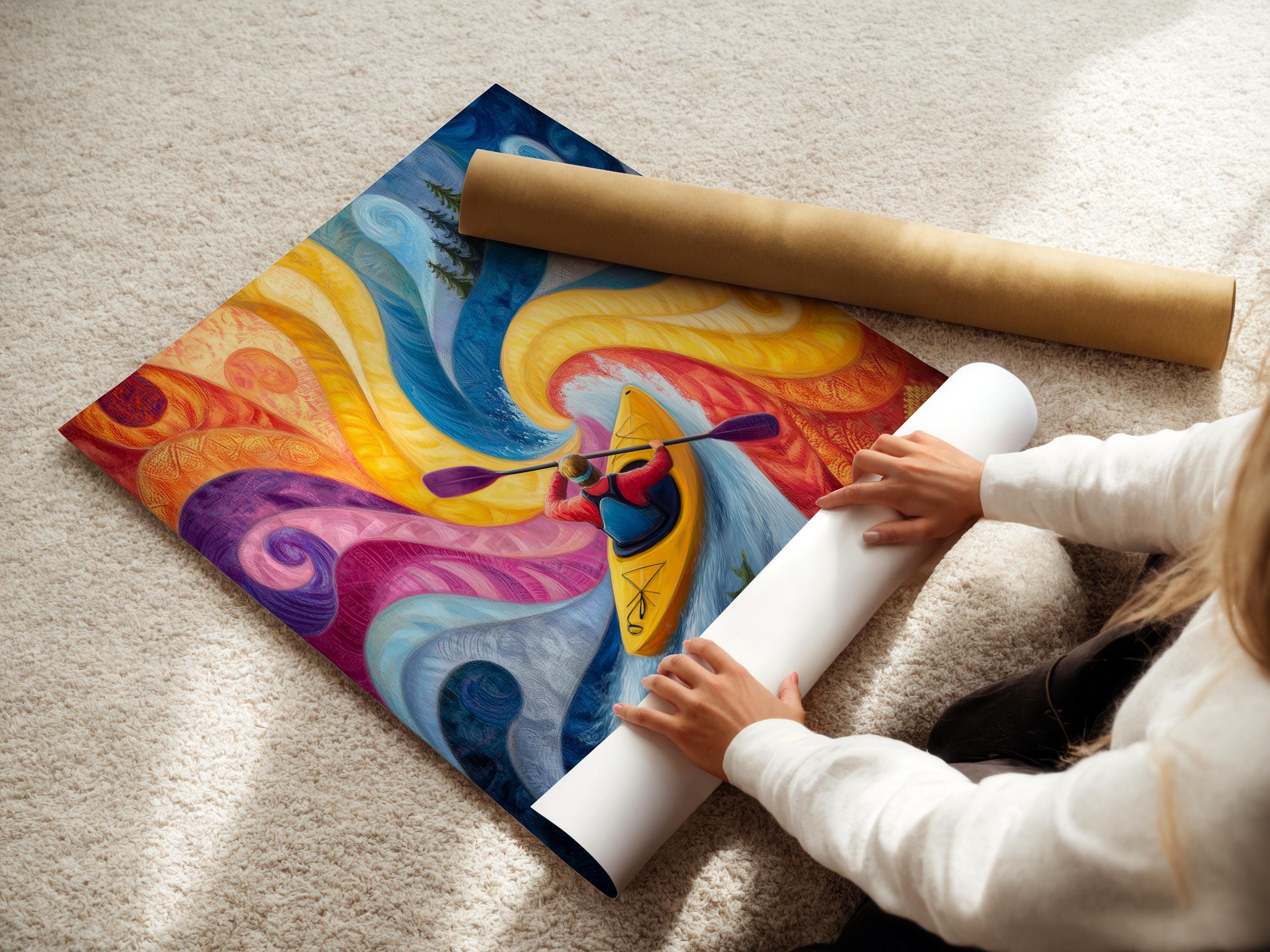 Room mockup showing a framed kayaker river artwork with swirling blue and yellow waves