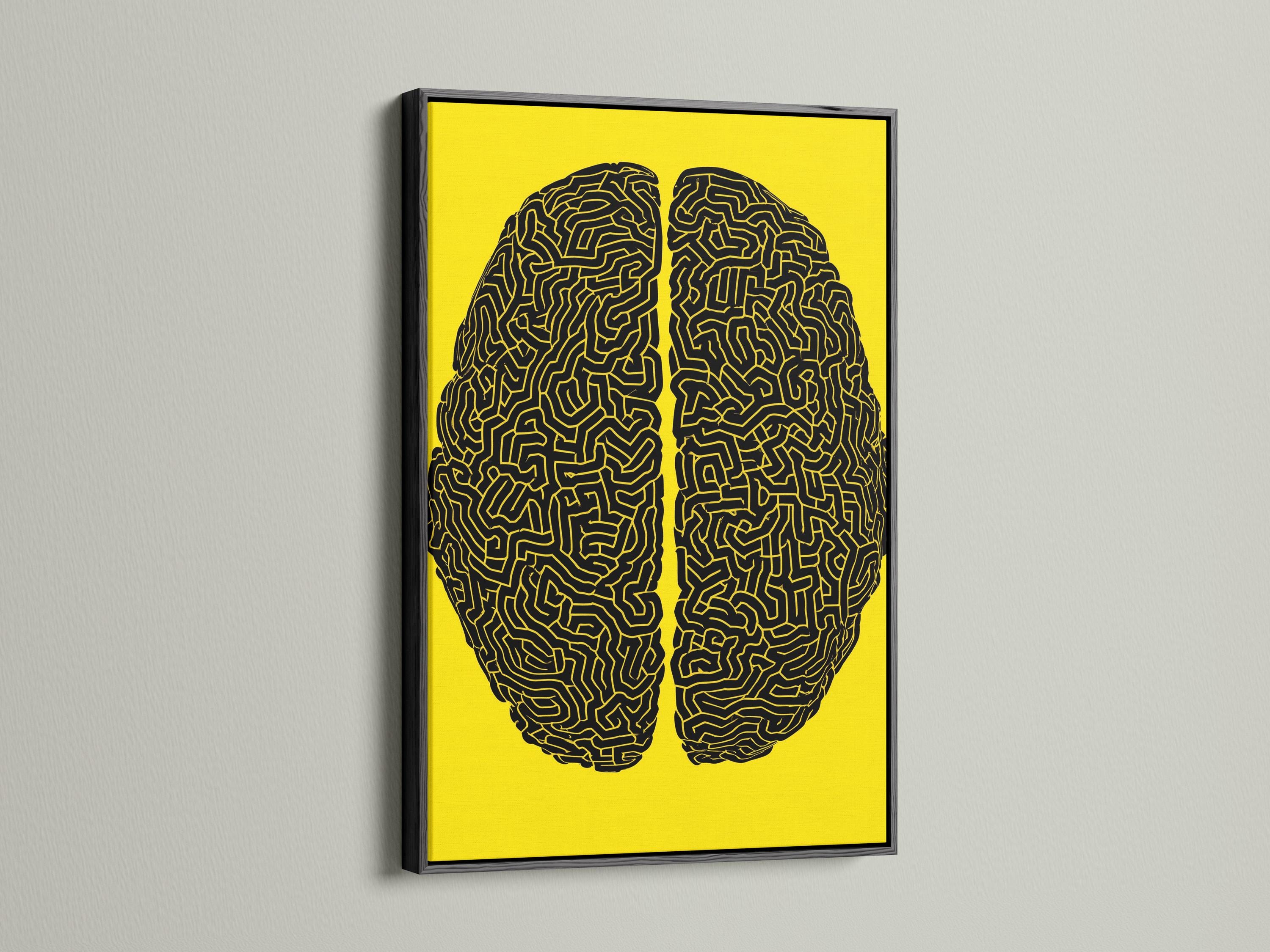 Two black brain silhouettes filled with maze-like lines on a yellow background detail view