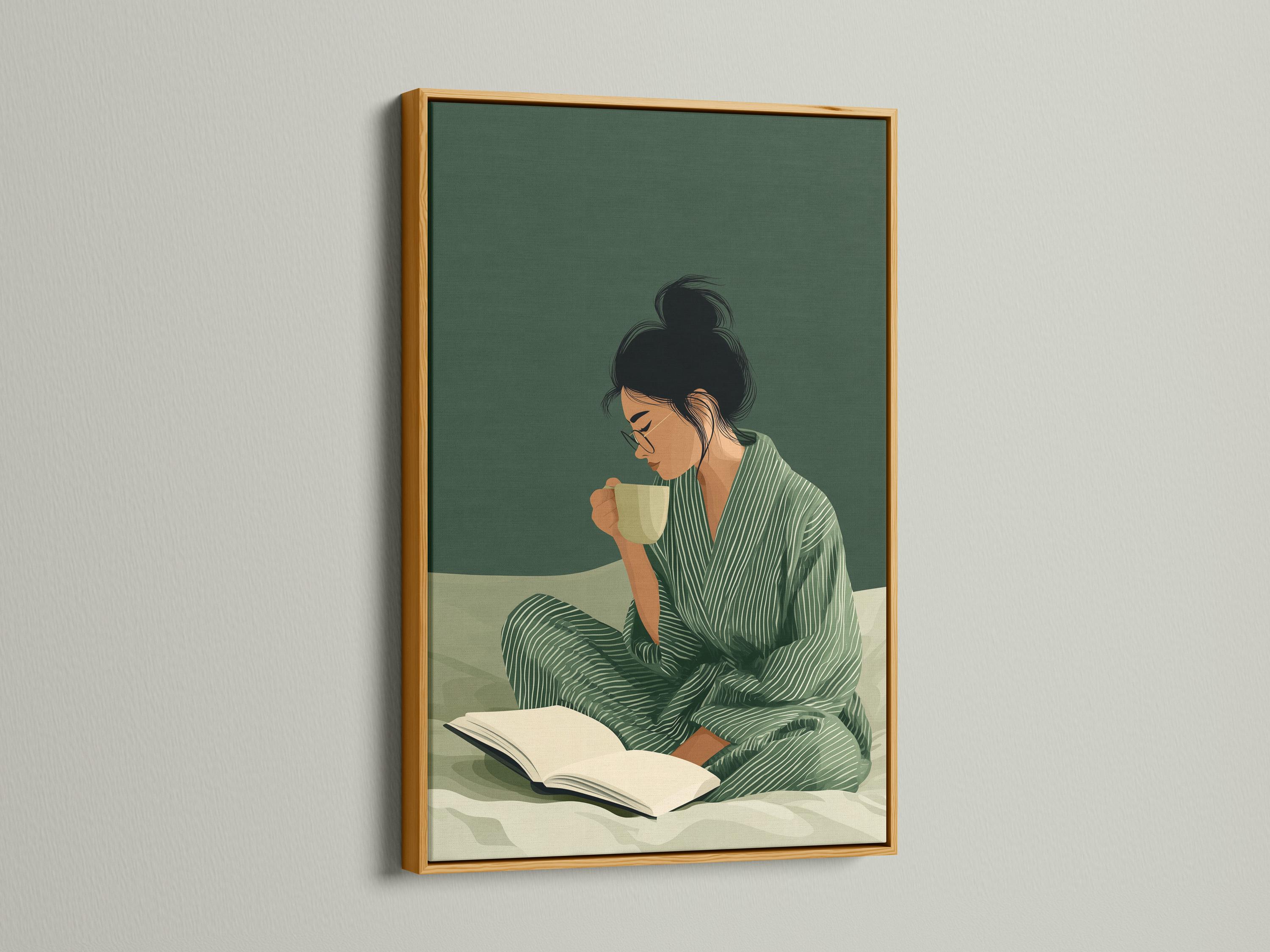 Stylised woman reading an open book with a cup, in muted sage green and cream tones detail view