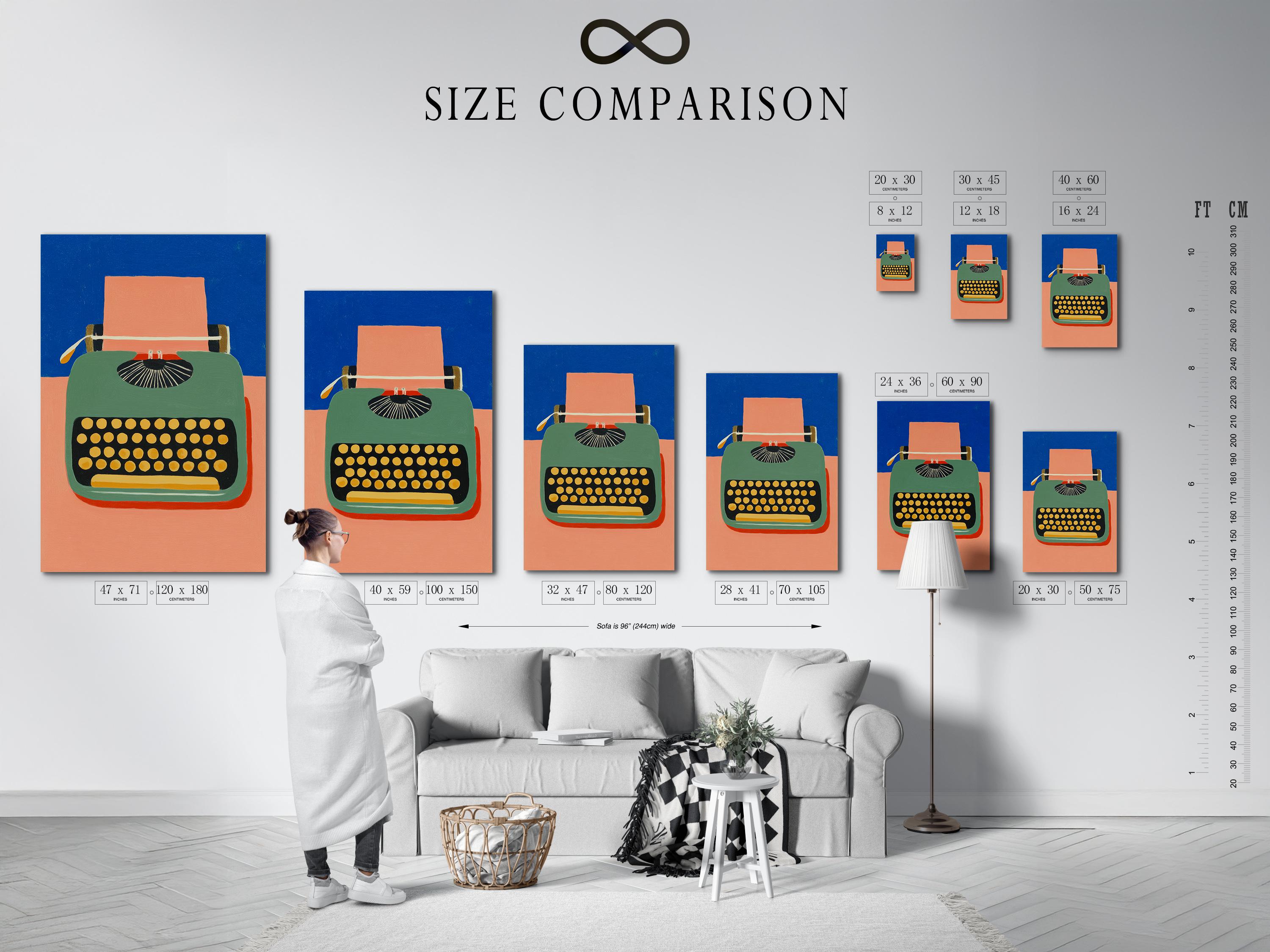 Stylised typewriter illustration with blue background, peach and green body, and gold dot keyboard detail view