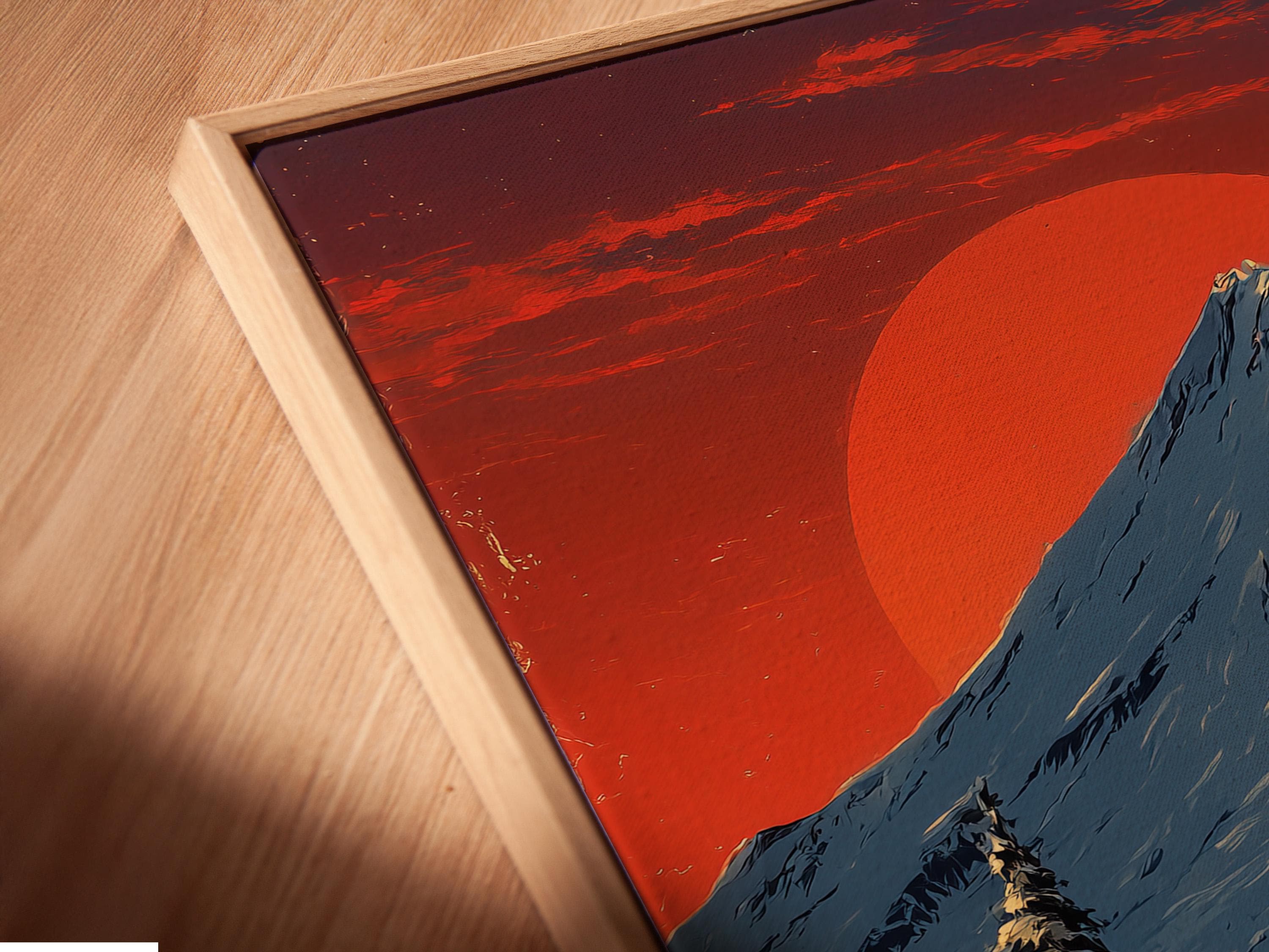 Illustrated winter mountain landscape with a snowy peak, red cabin, pine trees and two silhouettes walking detail view