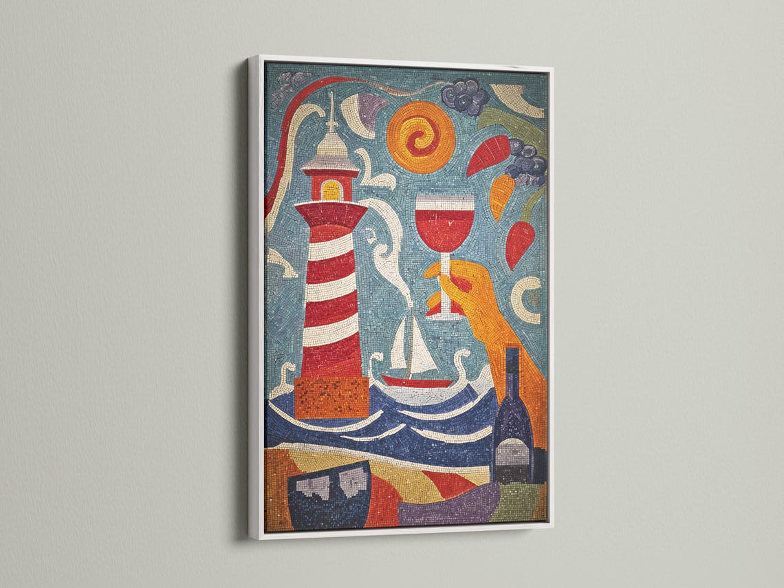 Mosaic lighthouse scene with curved waves in blue, red, white and gold tiles detail view