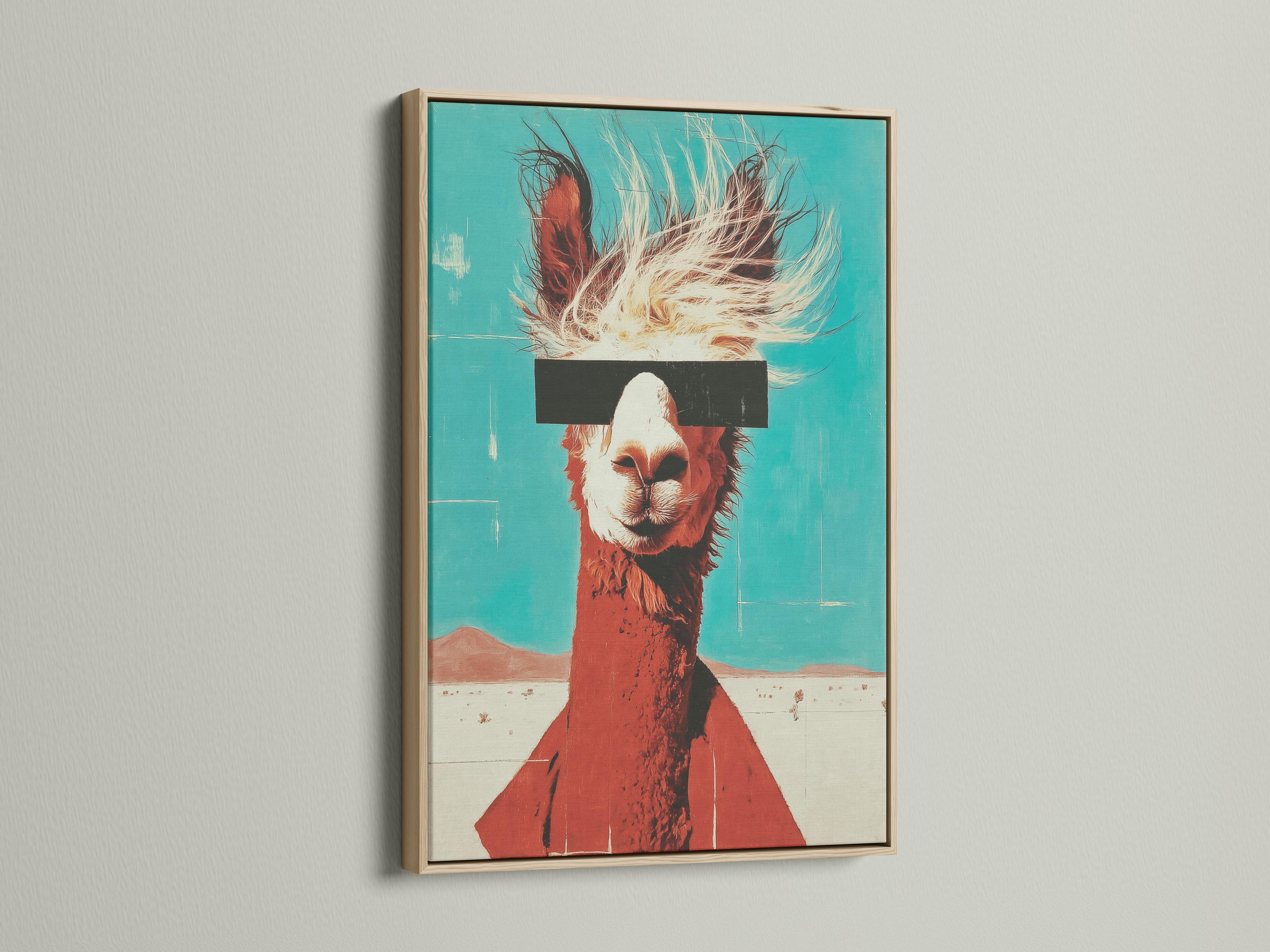 Stylised llama portrait on a turquoise background with rust-brown body and cream fur lines detail view
