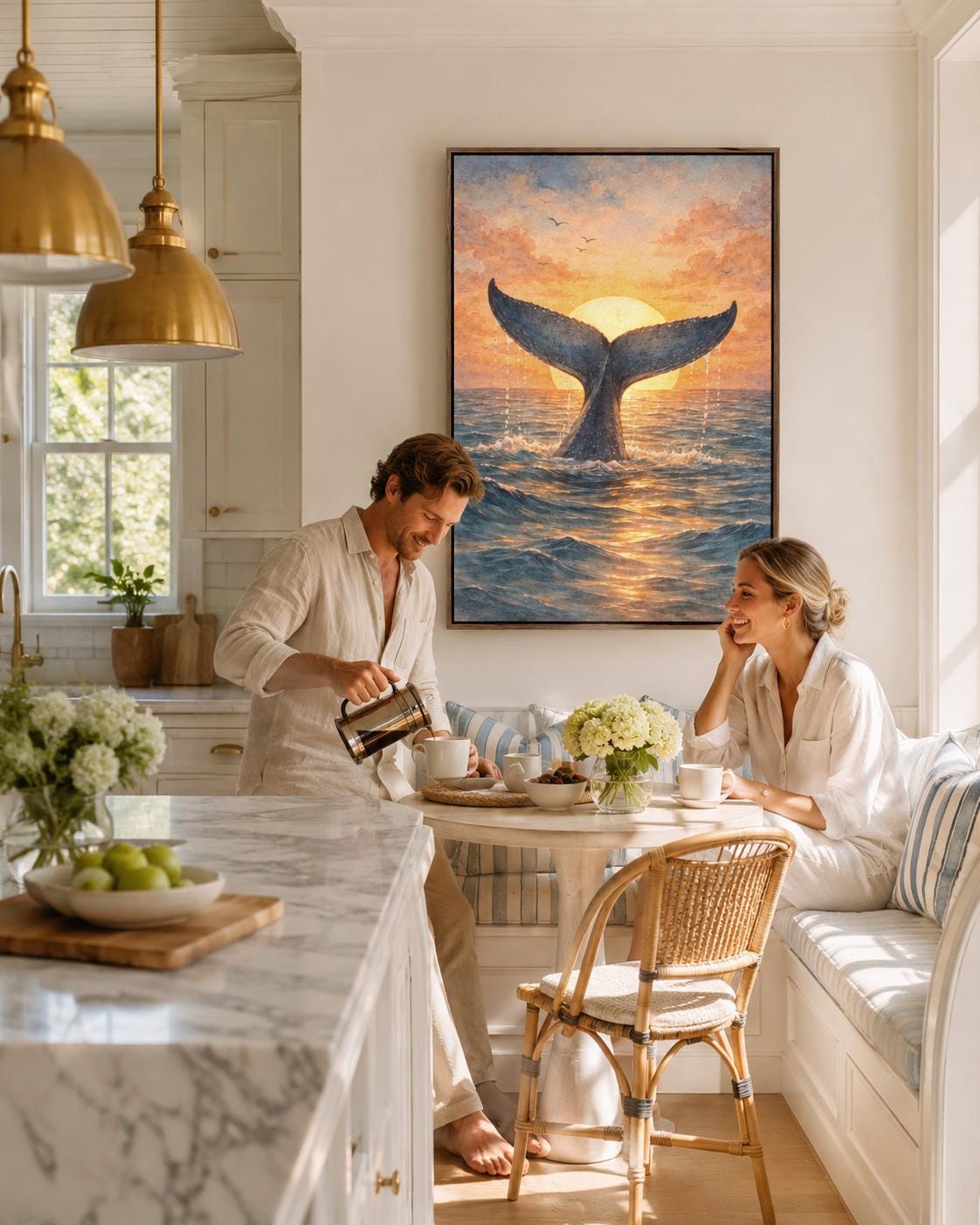 Whale tail sunset artwork hanging in a coastal cafe setting with signs and shelves