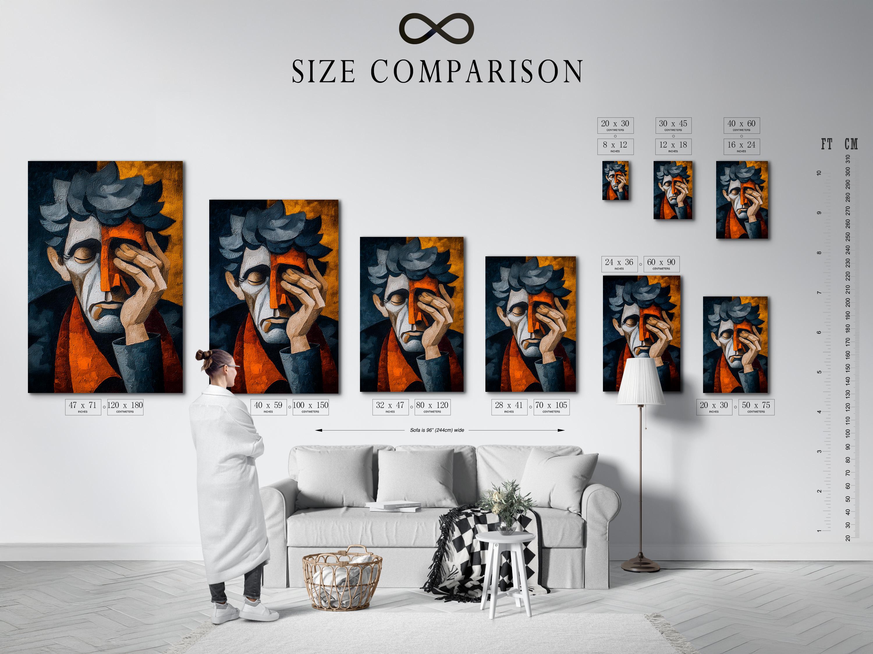 A textured abstract portrait figure in teal and navy, holding a book-like shape, with warm orange and golden blocks behind detail view