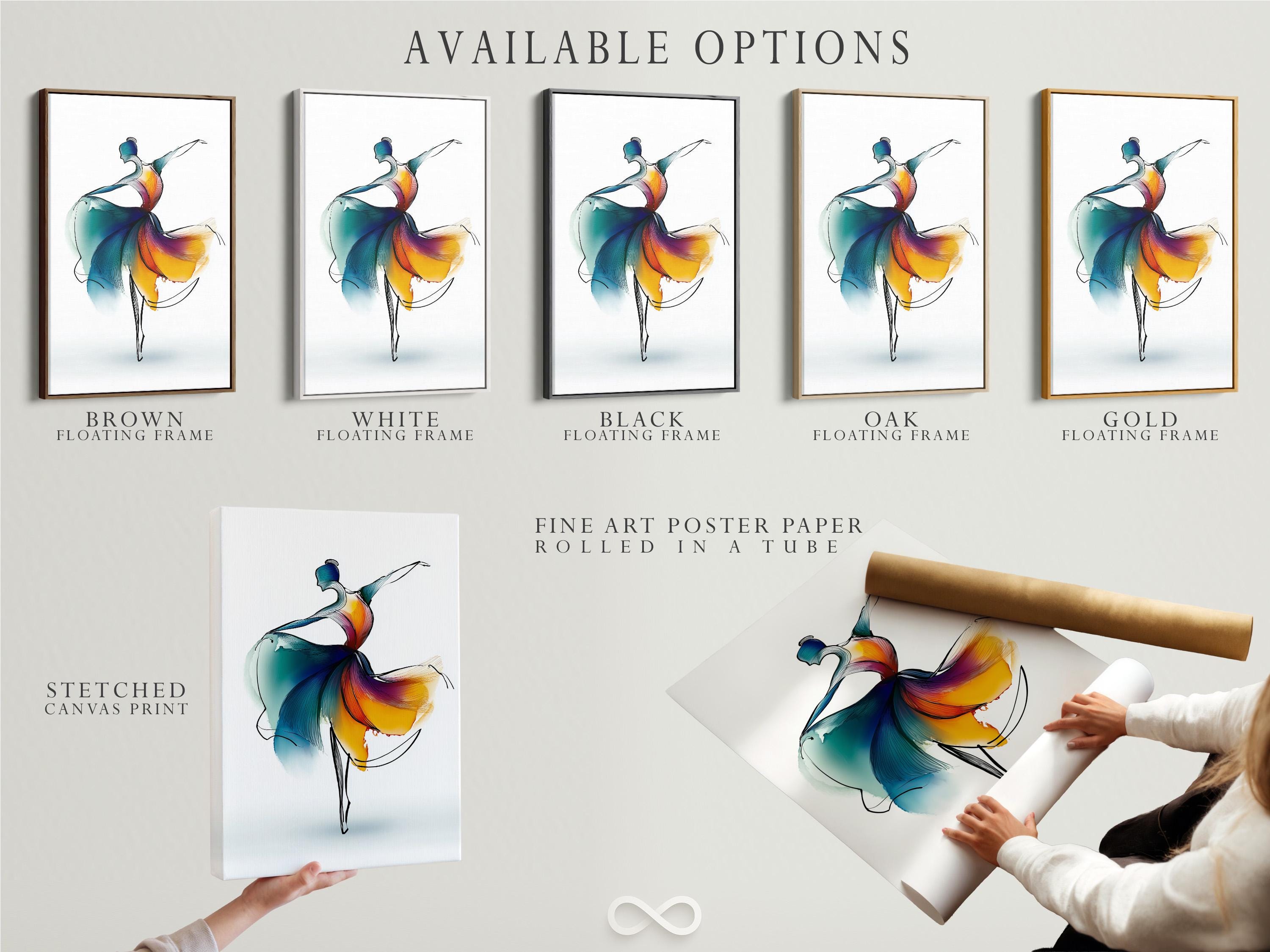 Stylised ballet dancer leaping with teal, blue, purple and orange-yellow colour washes on a white background detail view