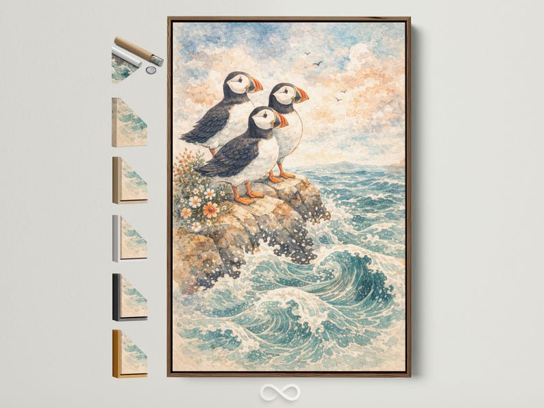 Illustrated puffins perched on a rocky cliff above swirling ocean waves with wildflowers and clouds