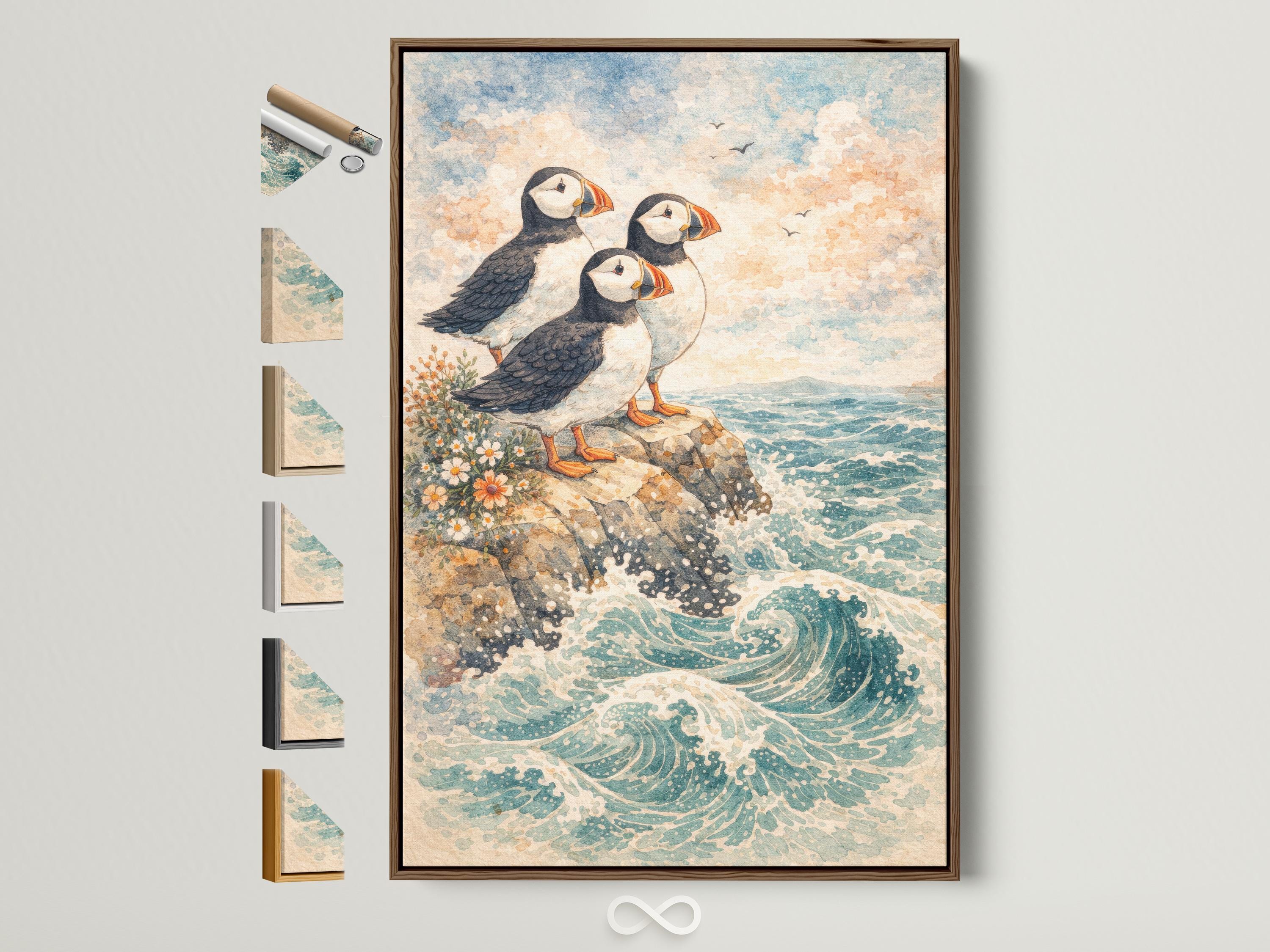 Illustrated puffins perched on a rocky cliff above swirling ocean waves with wildflowers and clouds