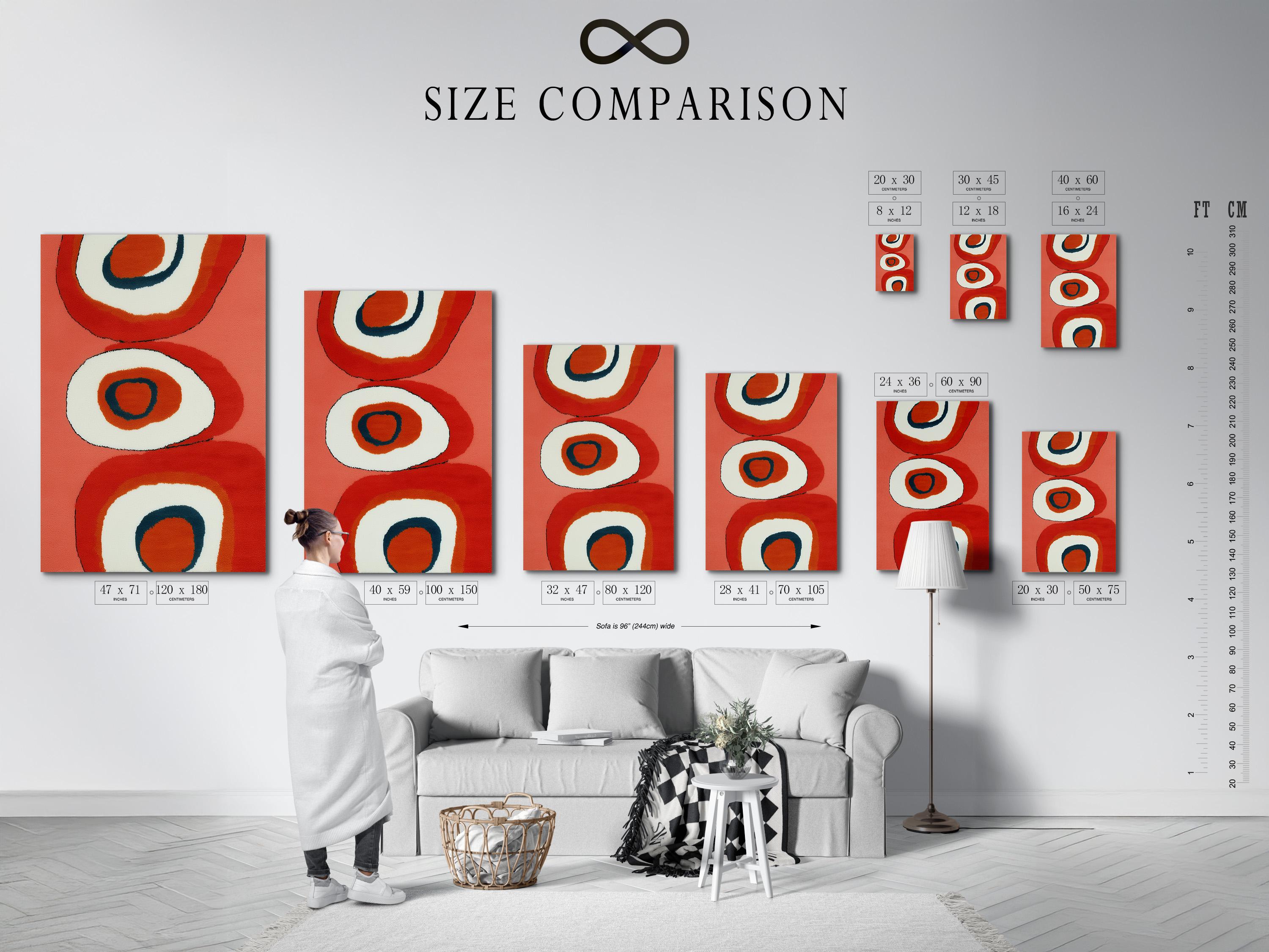 Coral and navy abstract artwork with retro ring shapes and off-white circular centres detail view