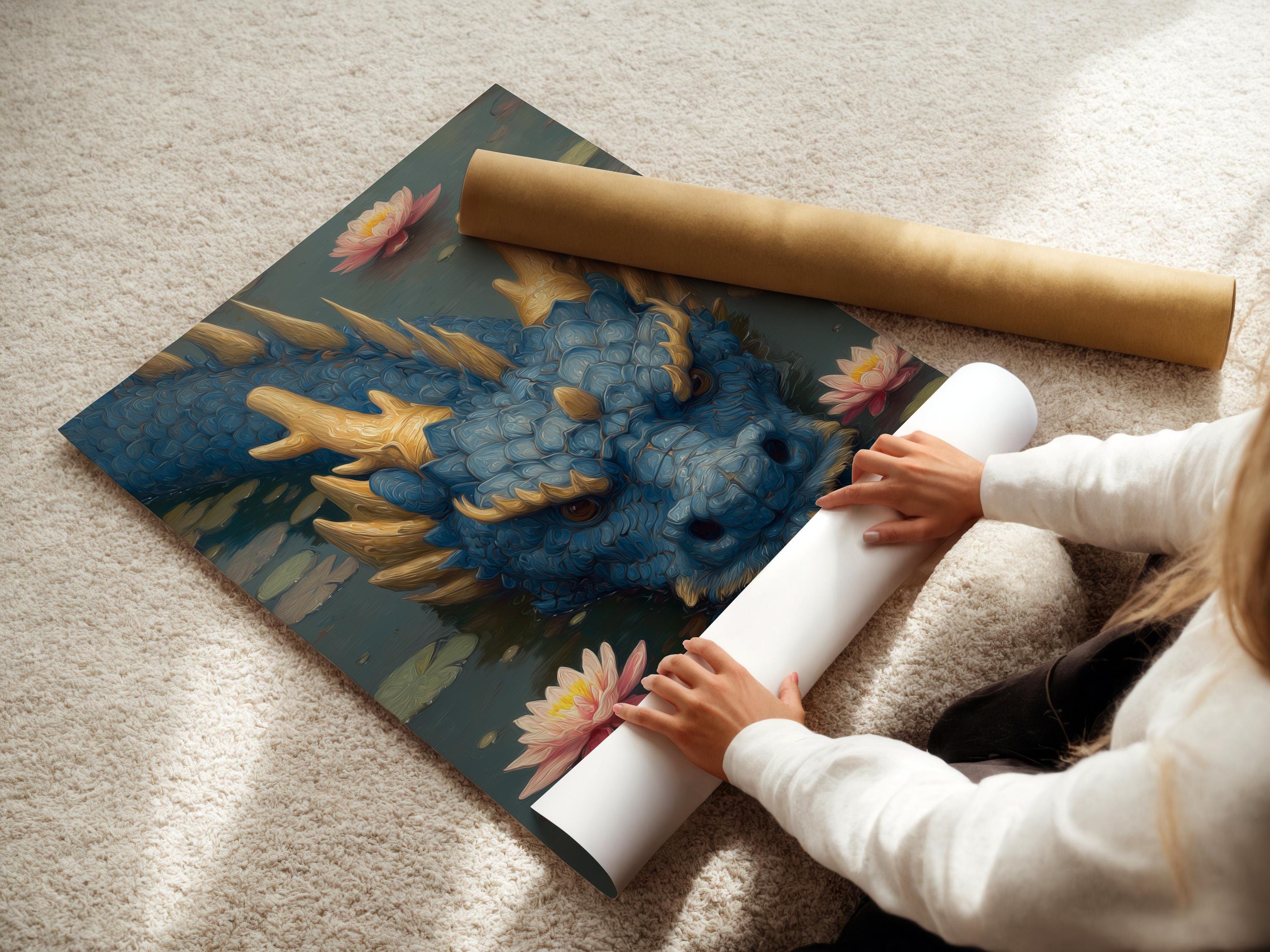 Blue dragon head emerging from dark water with pink lotus flowers and gold horns detail view