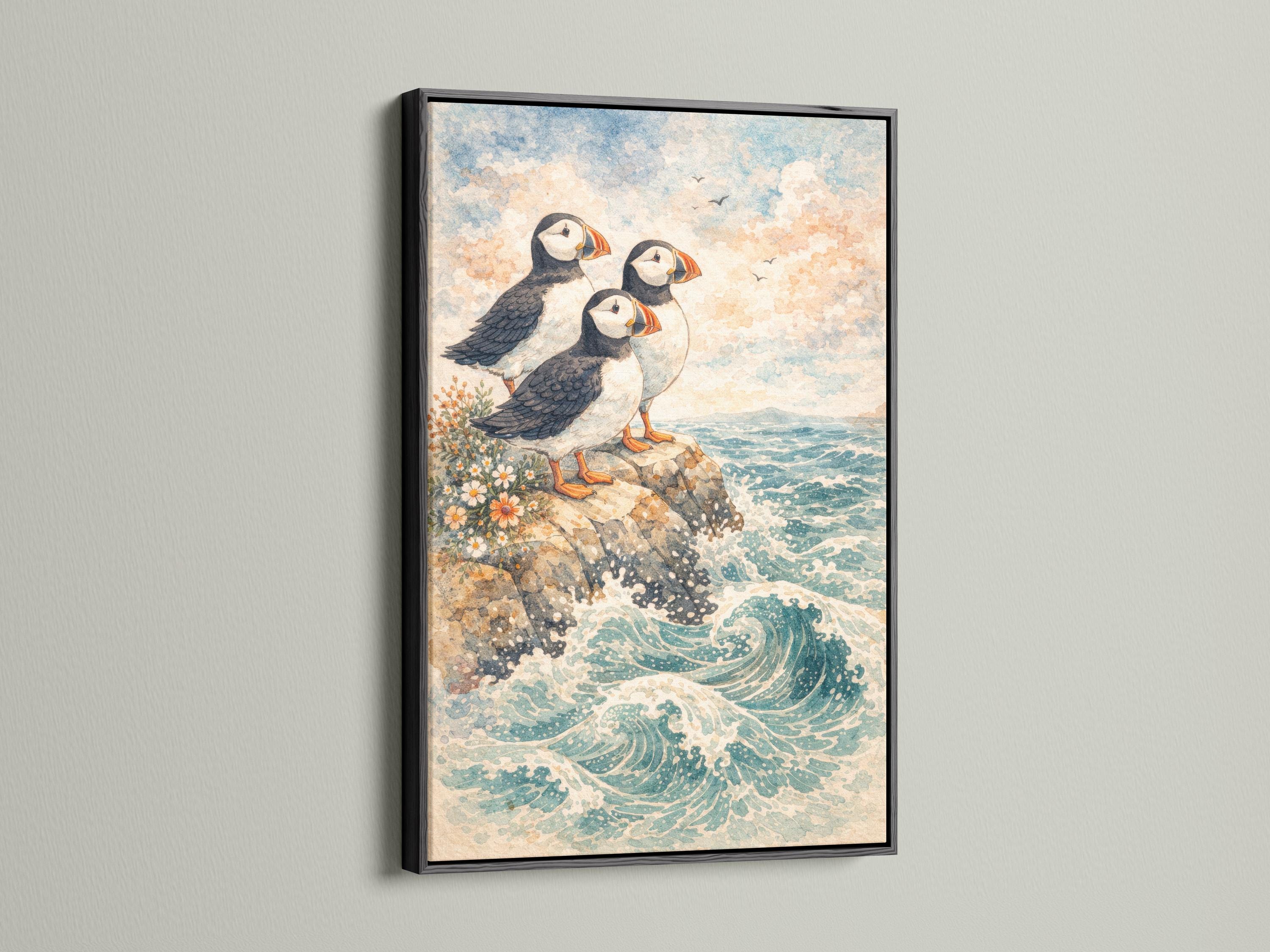 Illustrated puffins perched on a rocky cliff above swirling ocean waves with wildflowers and clouds detail view