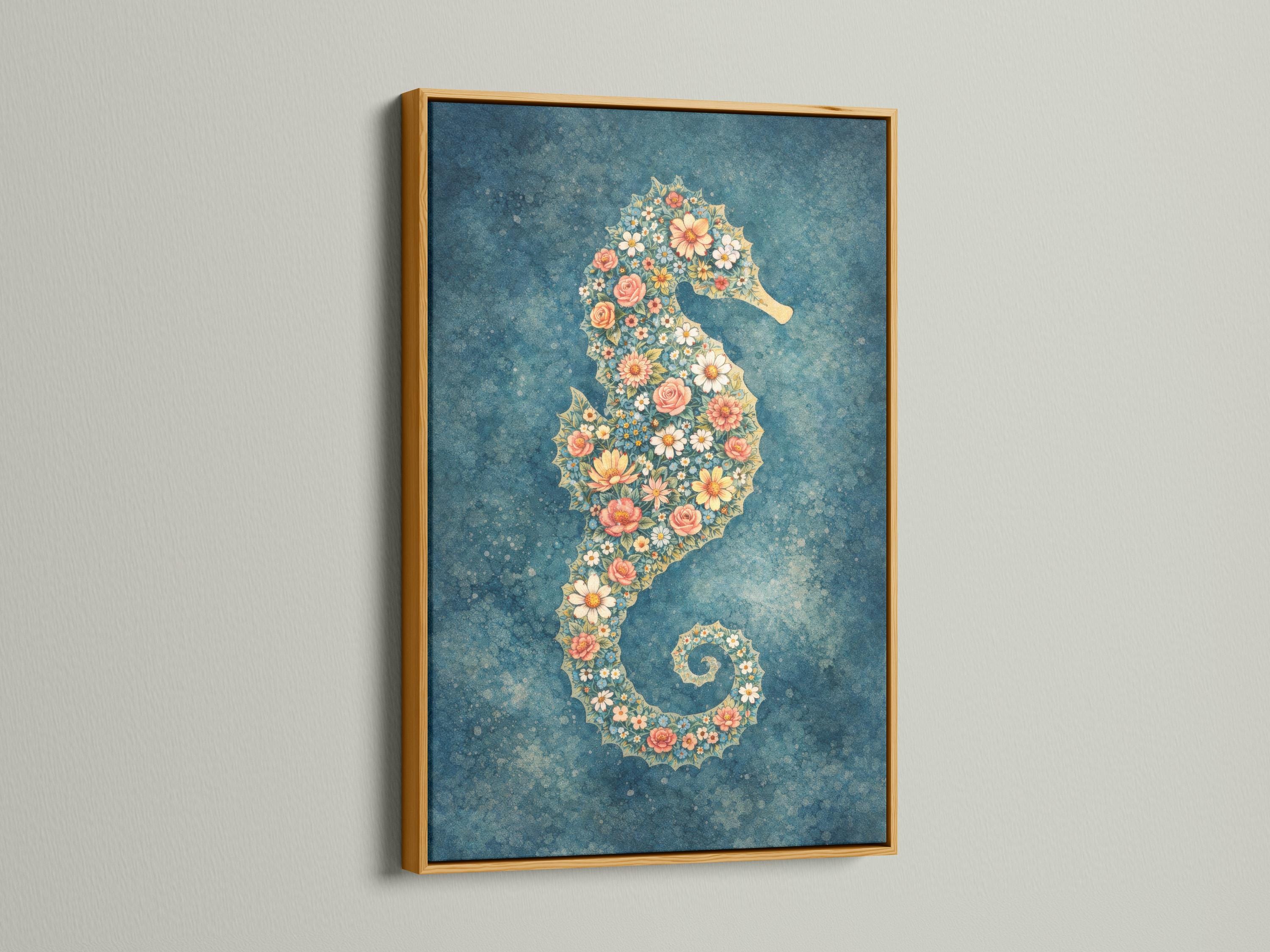 Room mockup showing a framed floral seahorse artwork above a sofa