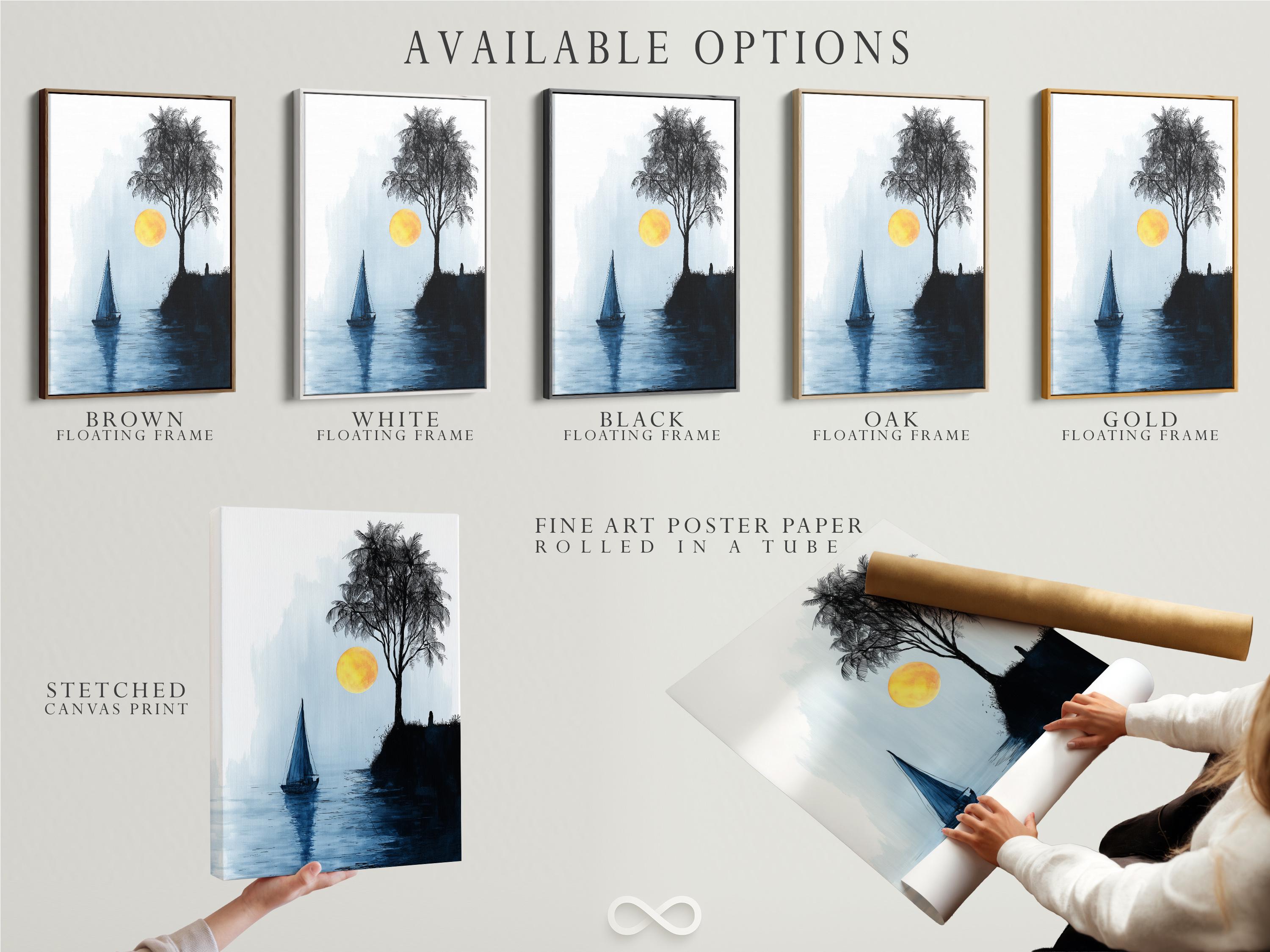 Minimalist seascape with a sailboat on blue water, a palm tree silhouette and a glowing yellow sun detail view