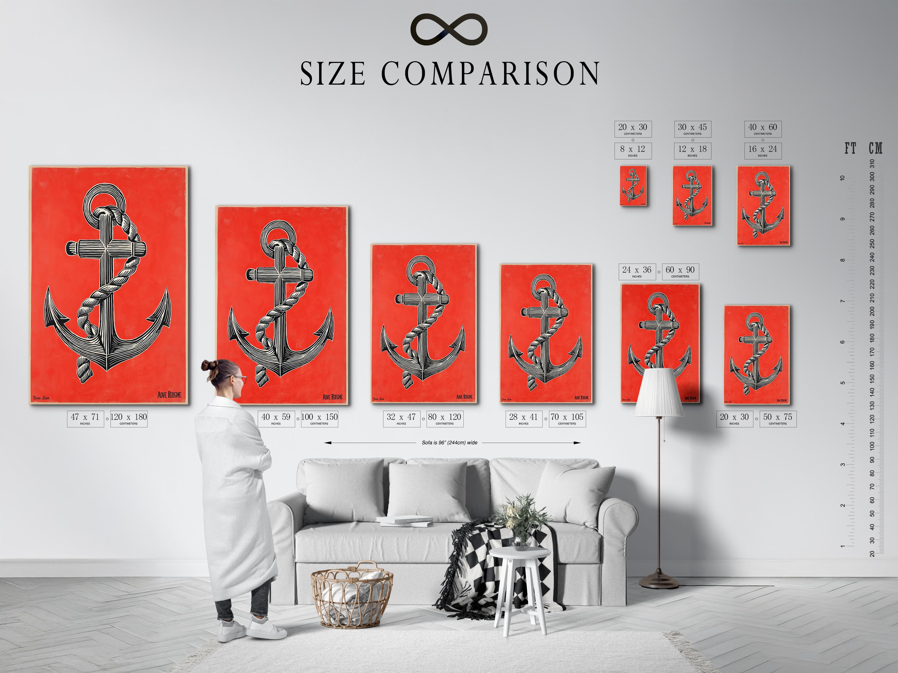 Coral red anchor illustration with black and cream rope-like stripes and ring details detail view
