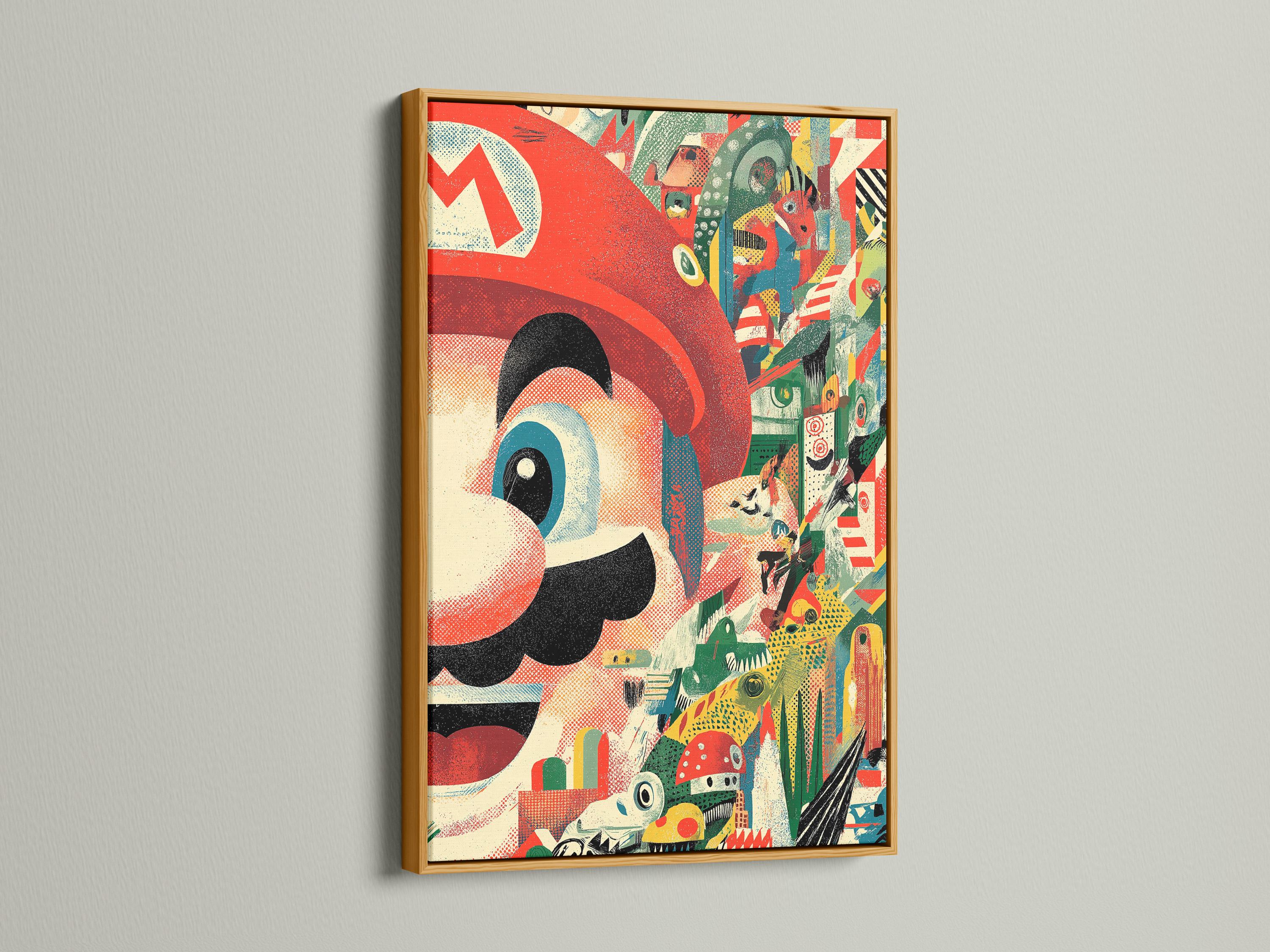 Retro gaming wall art with red and green collage design shown on a wall