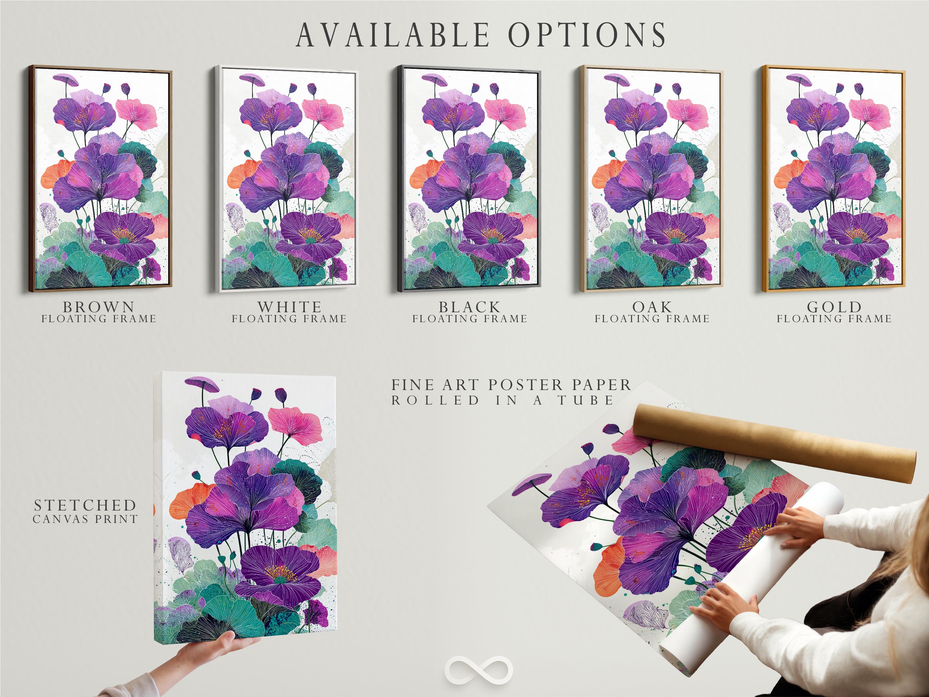 Botanical wall art showing purple flowers with teal leaves and pink accents in a framed layout