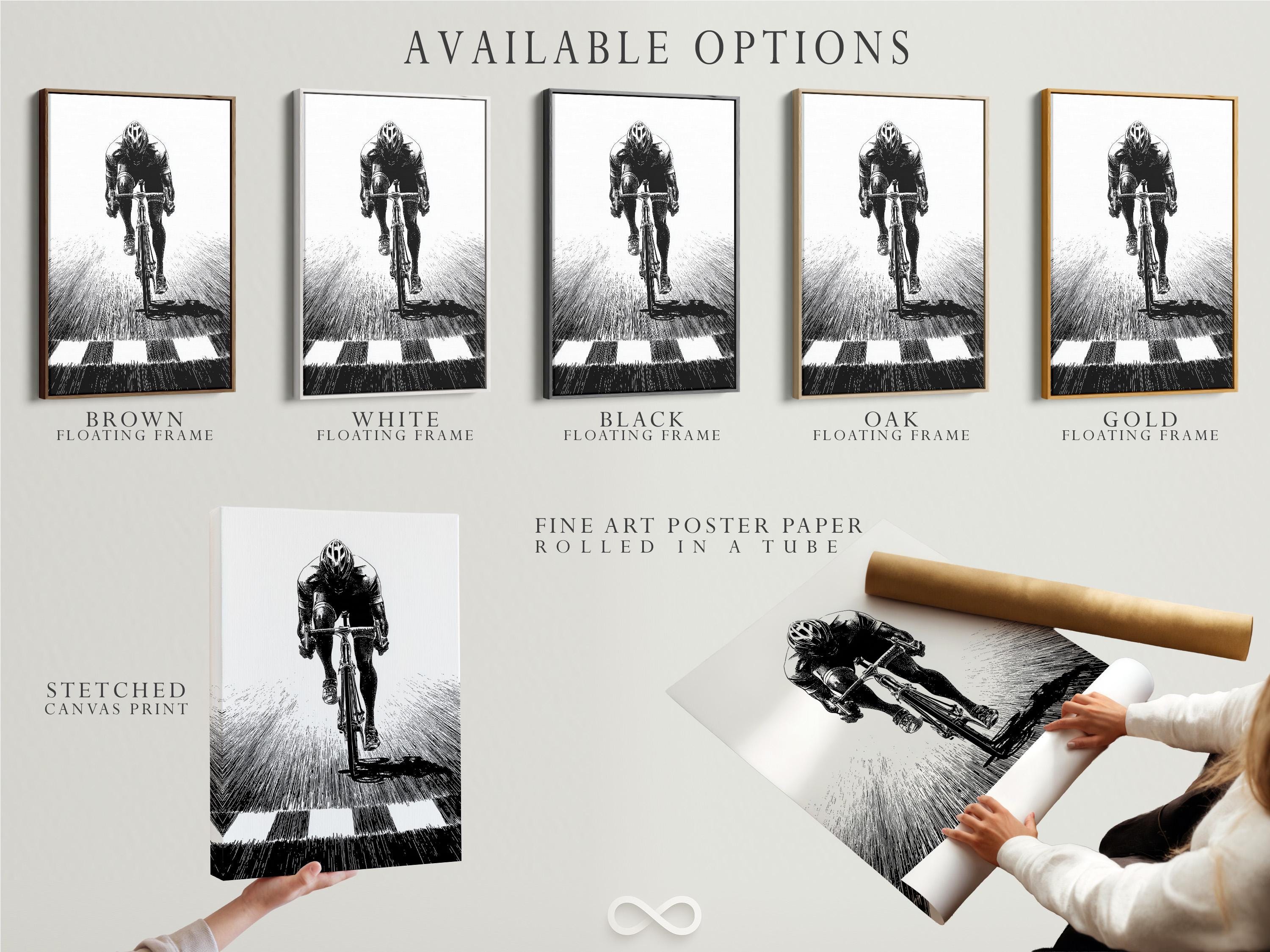 Room mockup showing a framed monochrome cyclist illustration on a light wall