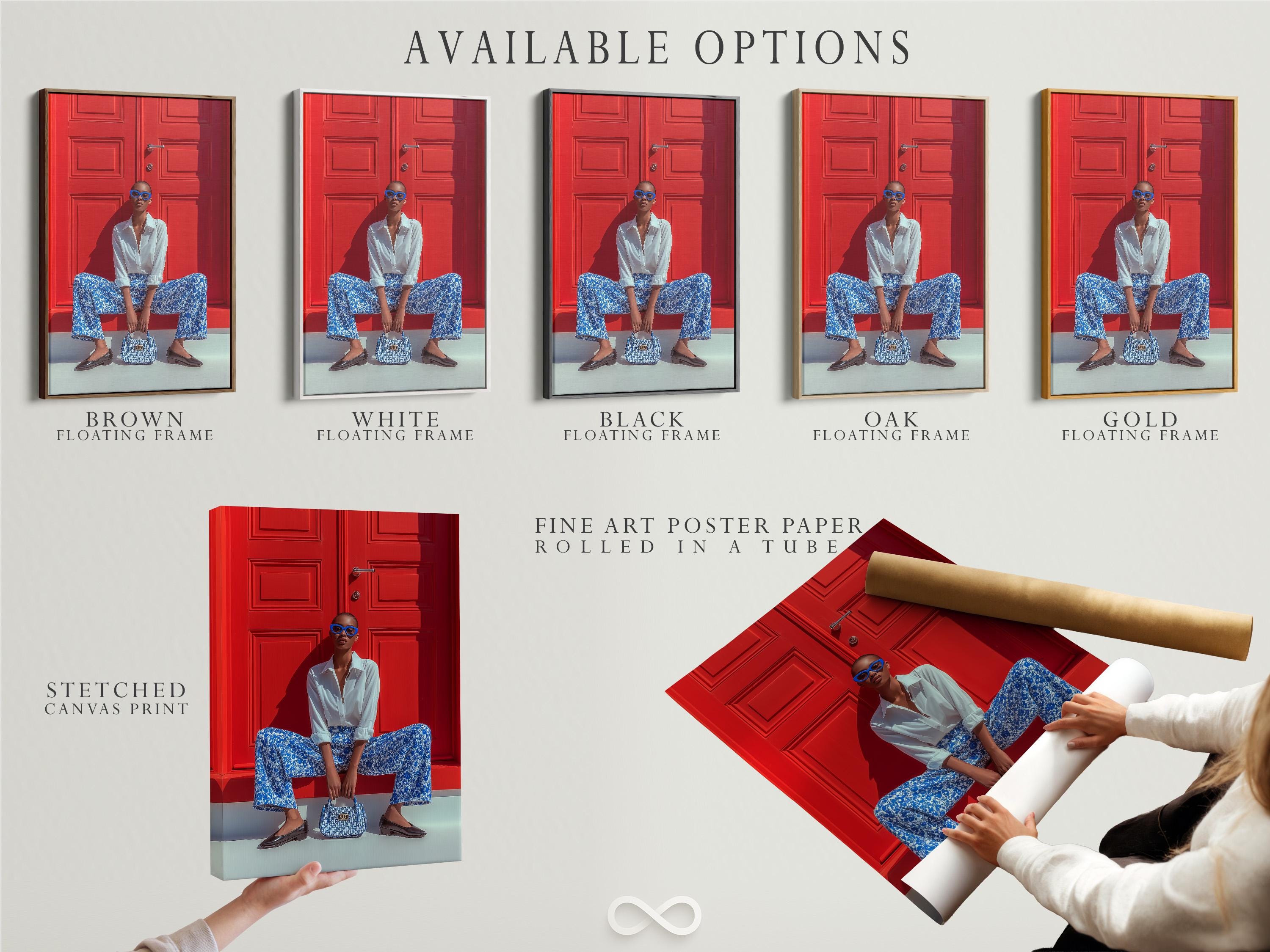 Seated fashion portrait with blue glasses in front of a red door backdrop detail view