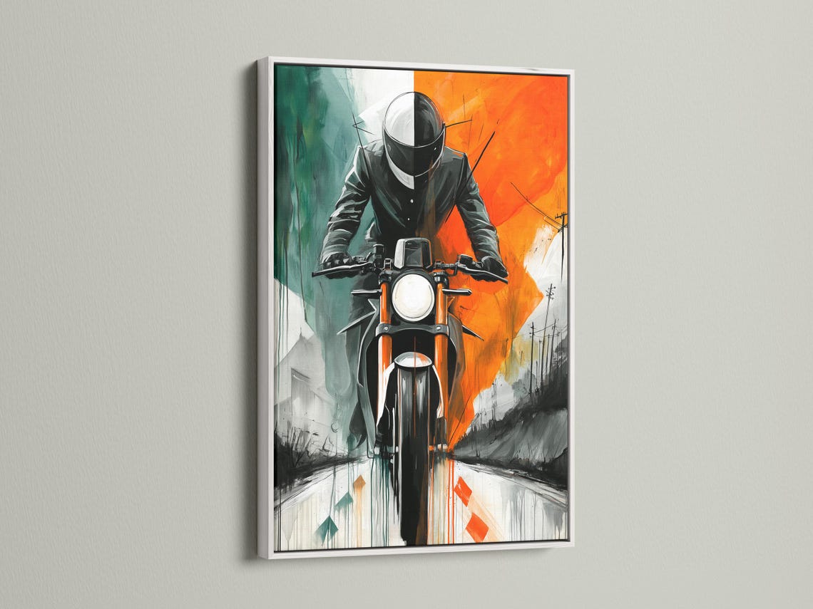 Stylised motorcyclist with helmet, headlight and retro road scene in orange, teal and grey detail view