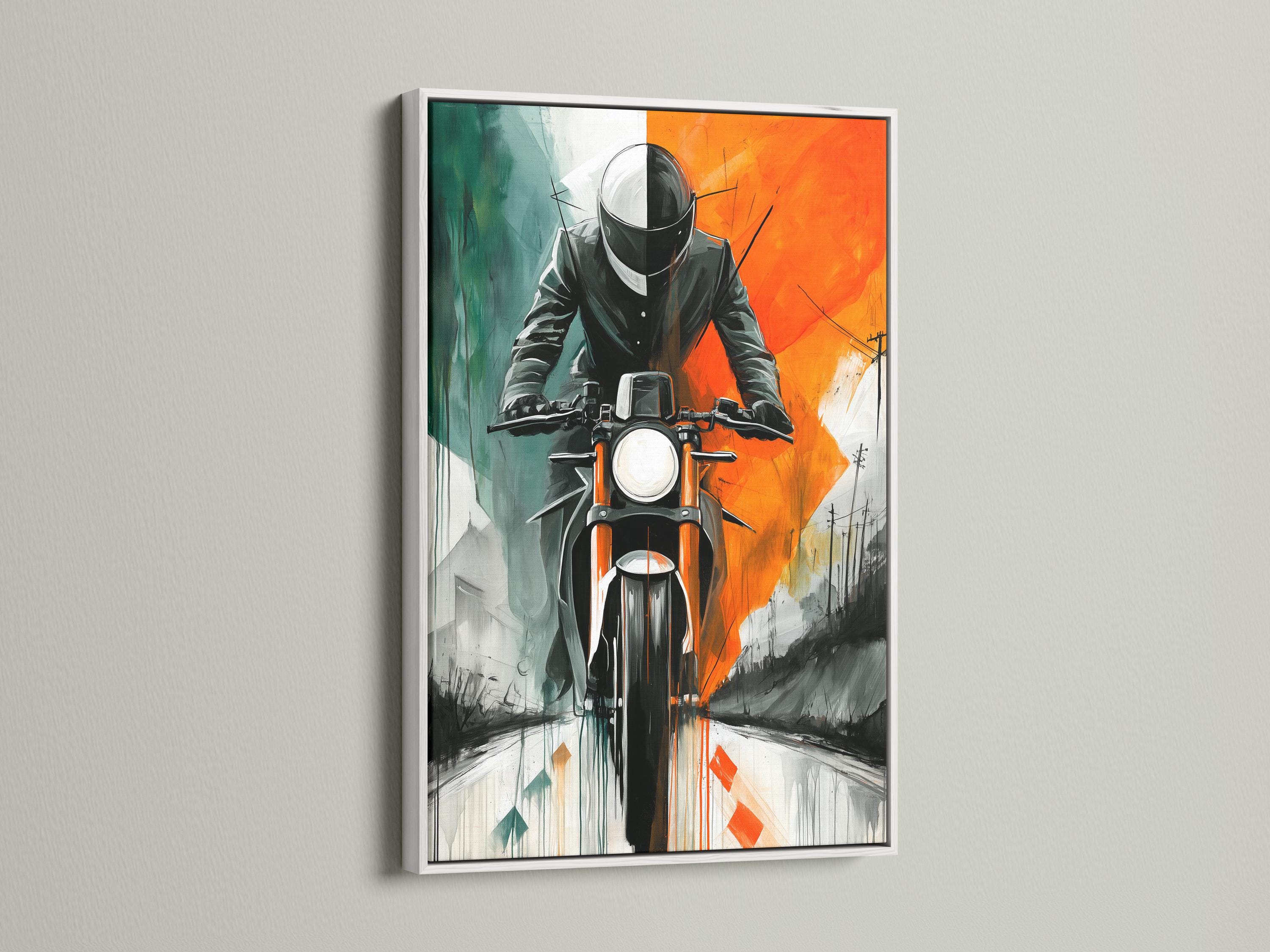 Stylised motorcyclist with helmet, headlight and retro road scene in orange, teal and grey detail view