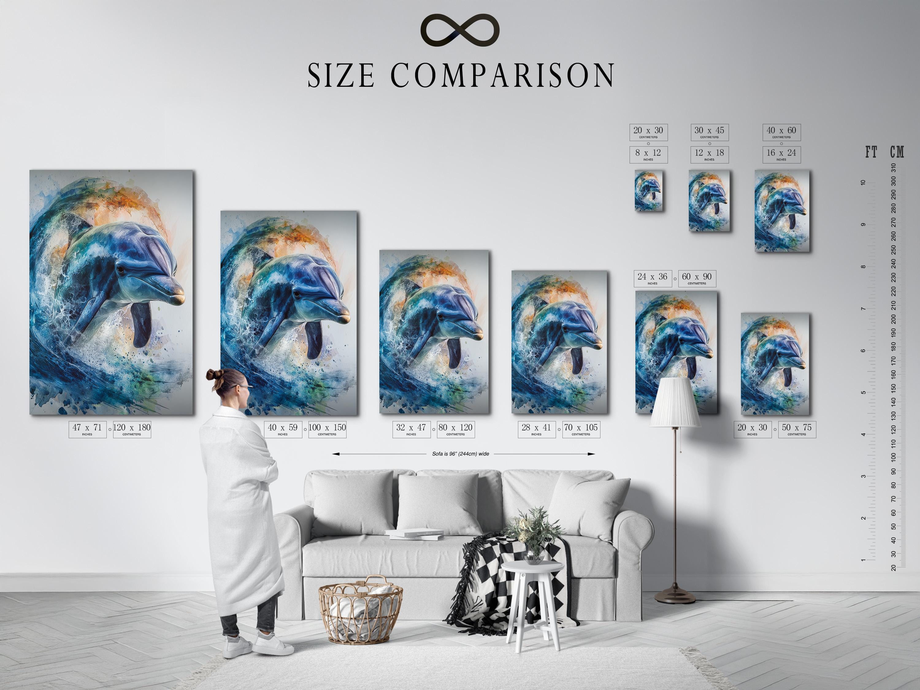 Mockup of blue dolphin ocean artwork shown in a framed layout