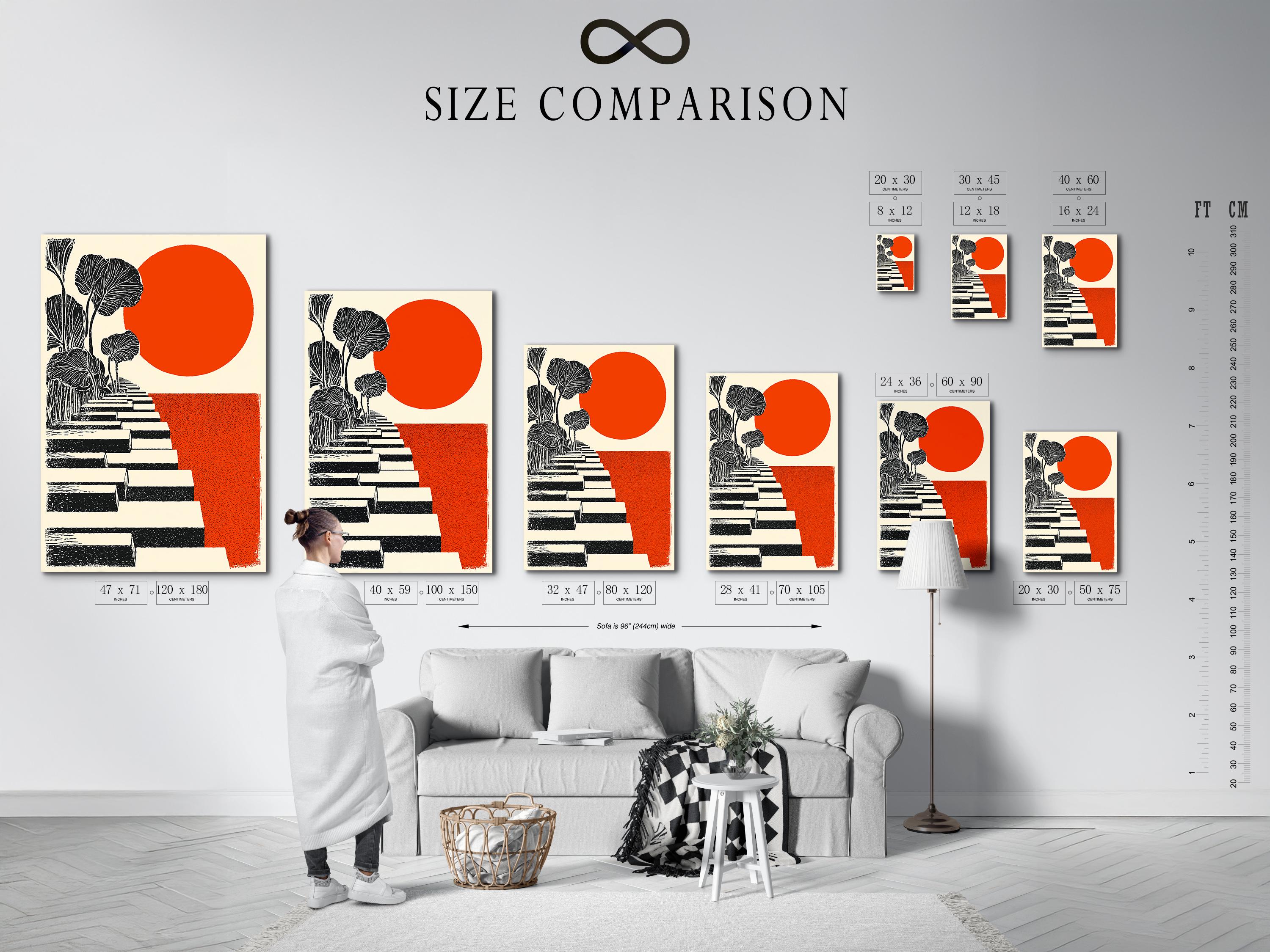 Orange sun with black botanical tree and diagonal stepped blocks artwork detail view