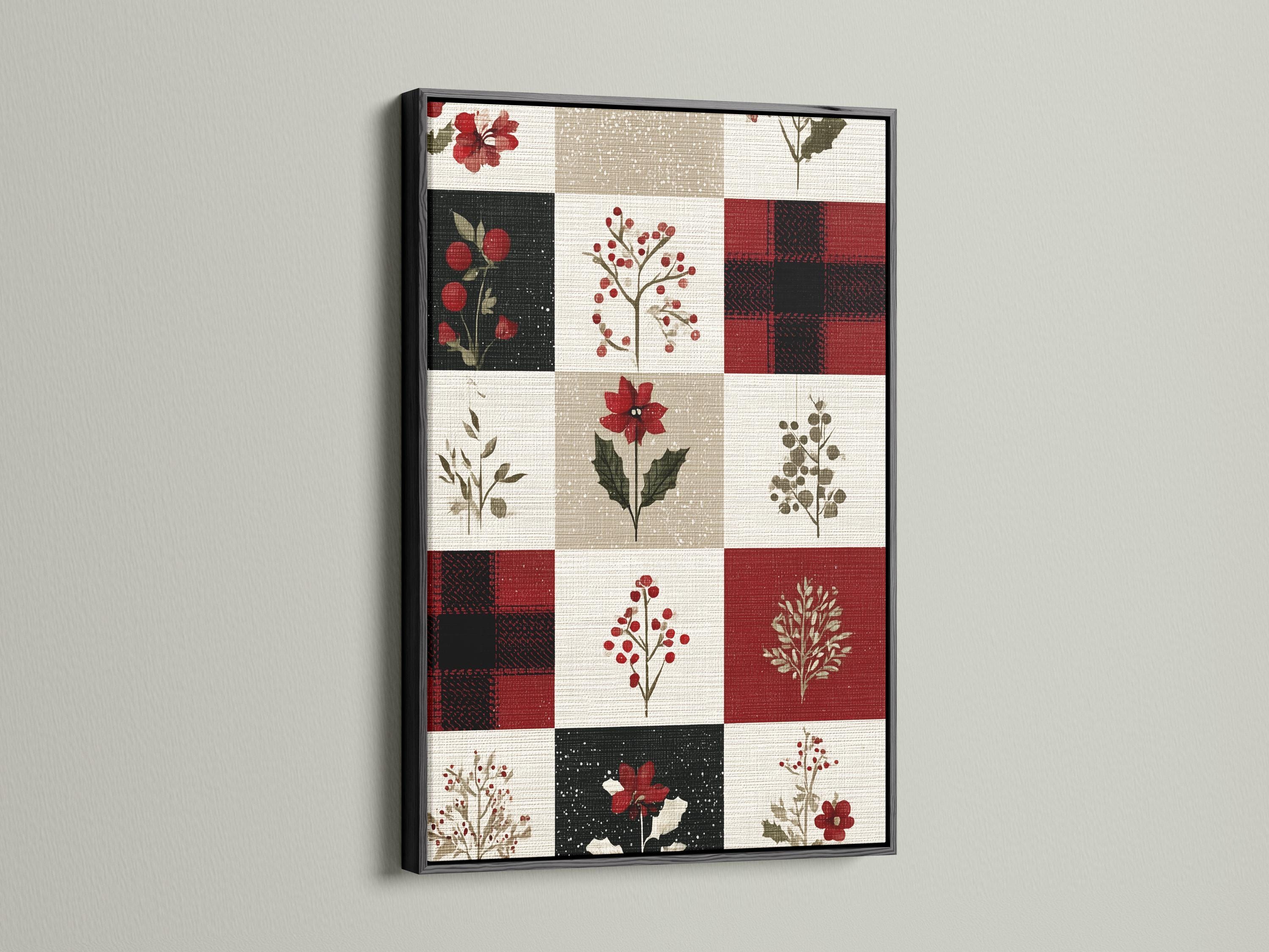 Patchwork floral artwork with red flowers and berries on cream, beige, and dark blocks detail view