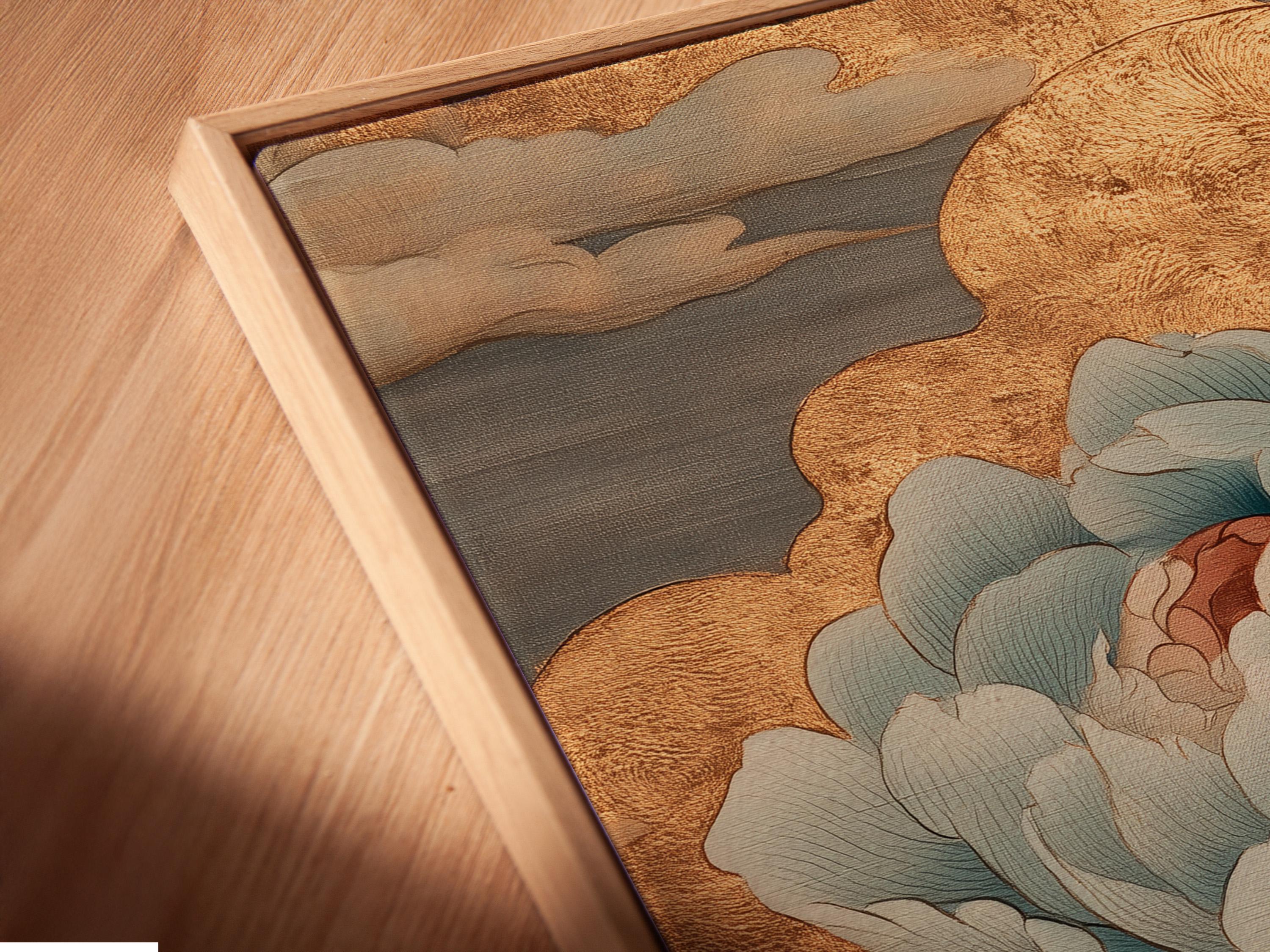Teal and gold floral artwork with layered petals and leaves on a textured gold background detail view