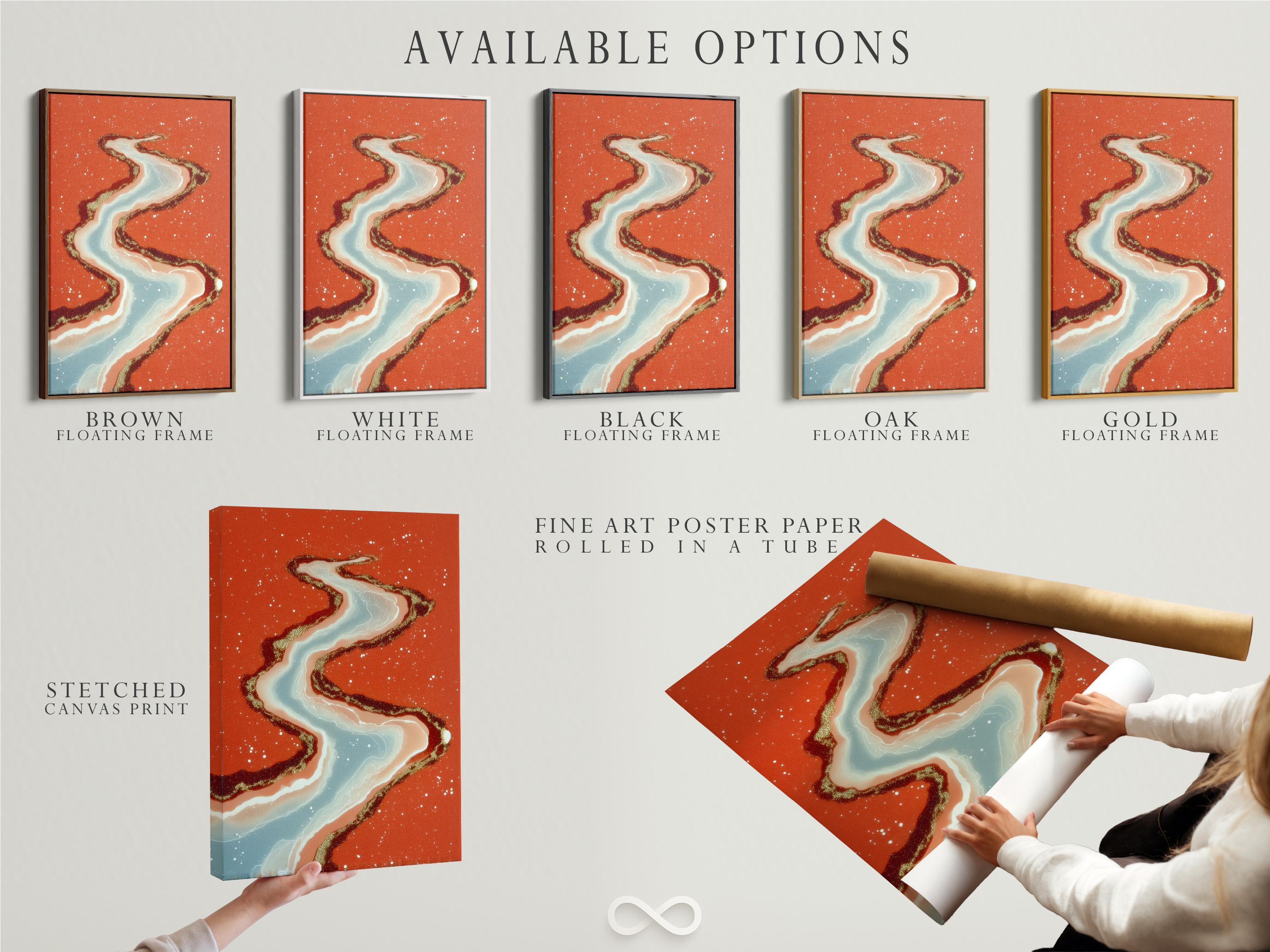Abstract river ribbon in pale blue and cream with gold speckles over a terracotta background detail view