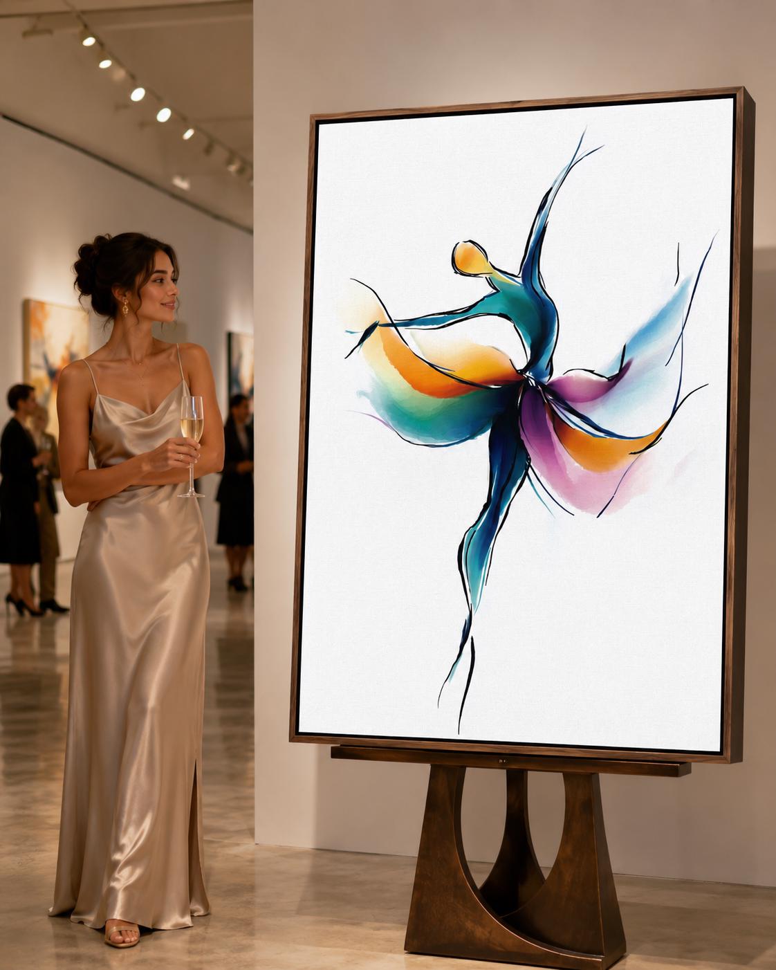 Woman stretching in a dance studio with a framed abstract dancer artwork on the wall