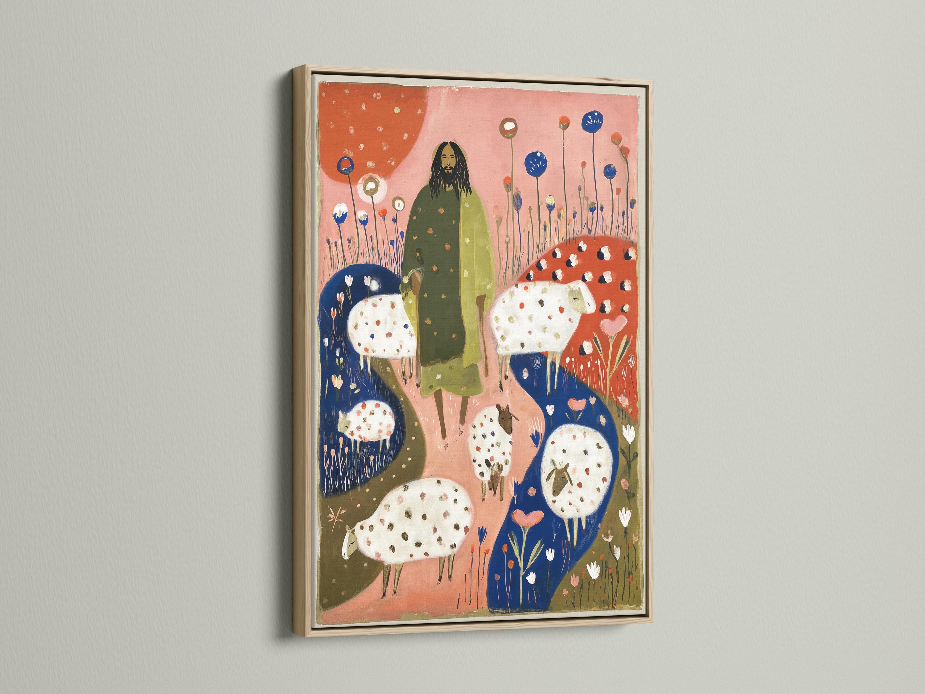 Folk-art illustration of a robed figure standing with spotted sheep in a field of blue flowers detail view