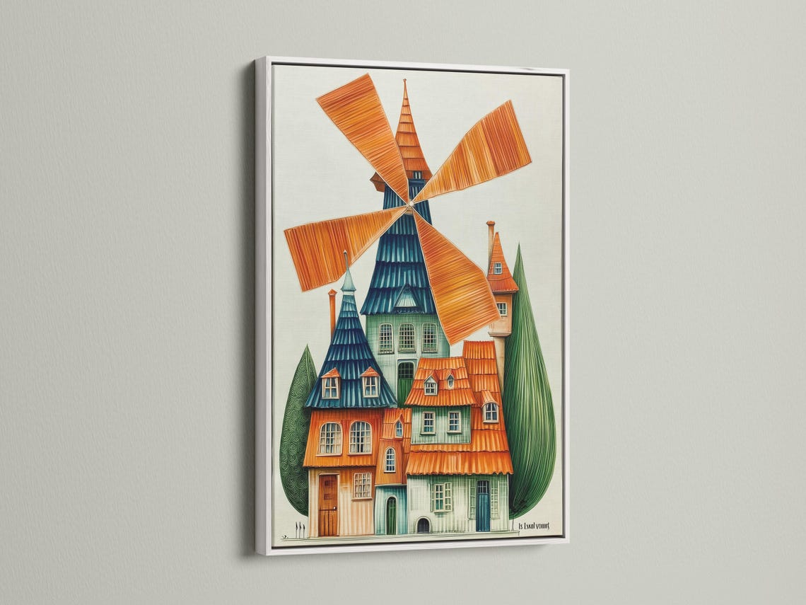 Illustrated windmill scene with orange blades and a blue-green house detail view