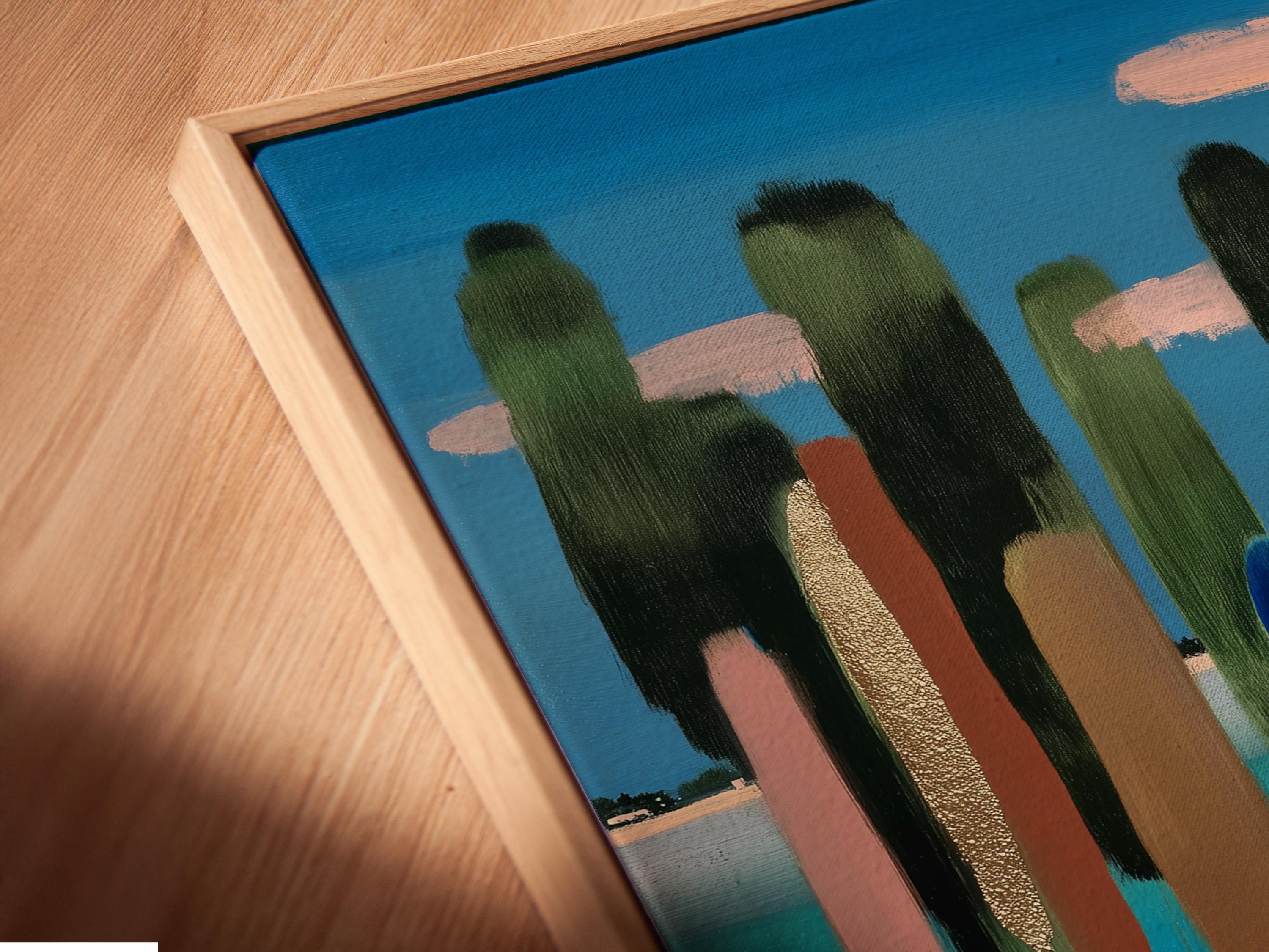 Abstract landscape with blue sky, tall green vertical shapes, and gold-toned reflections in water detail view