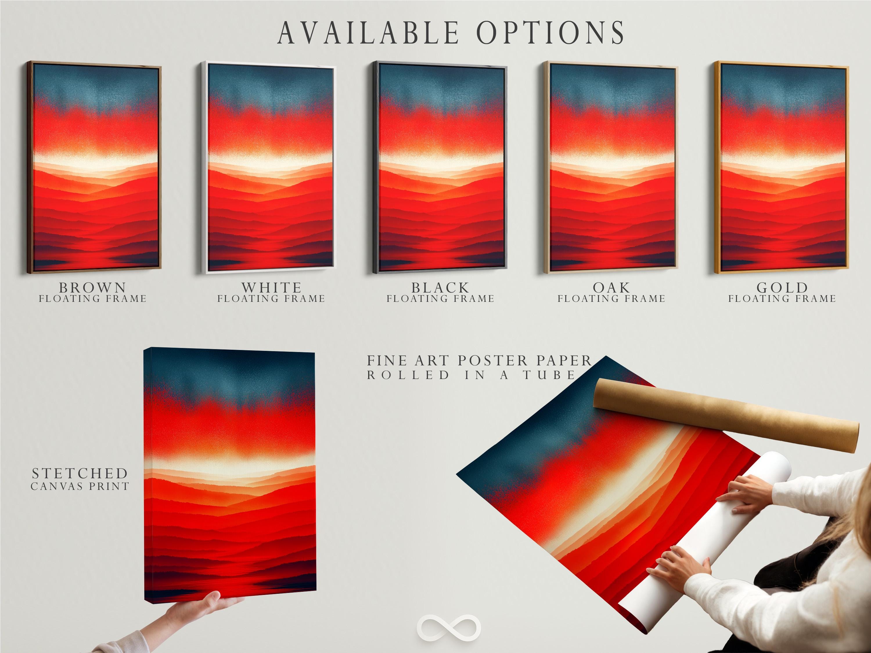 Room mockup showing a red orange sunset mountain landscape artwork on a wall