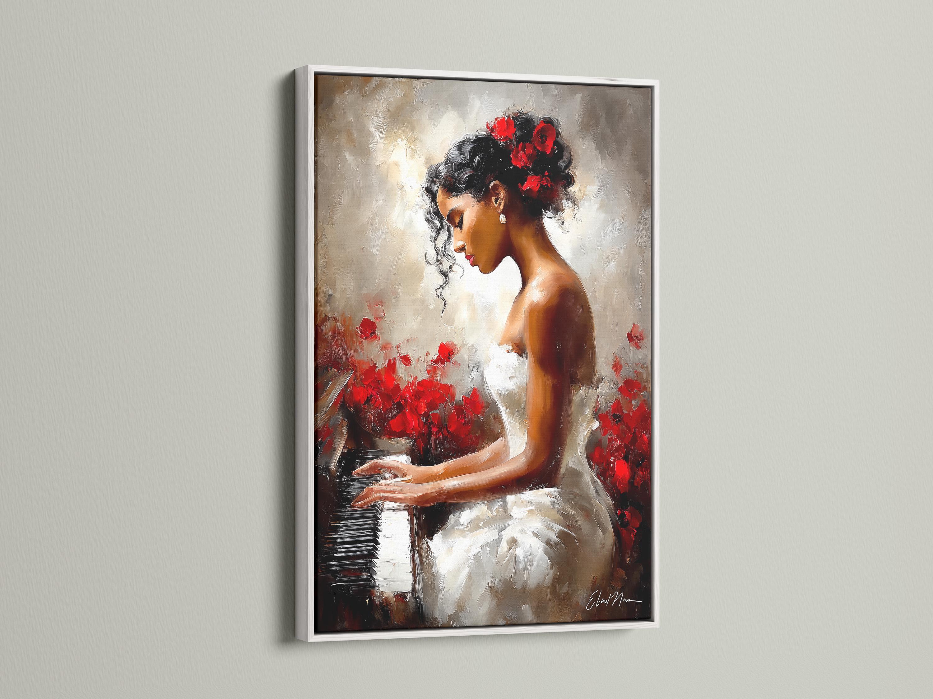 A framed artwork of a woman playing a piano with red flowers displayed in a room