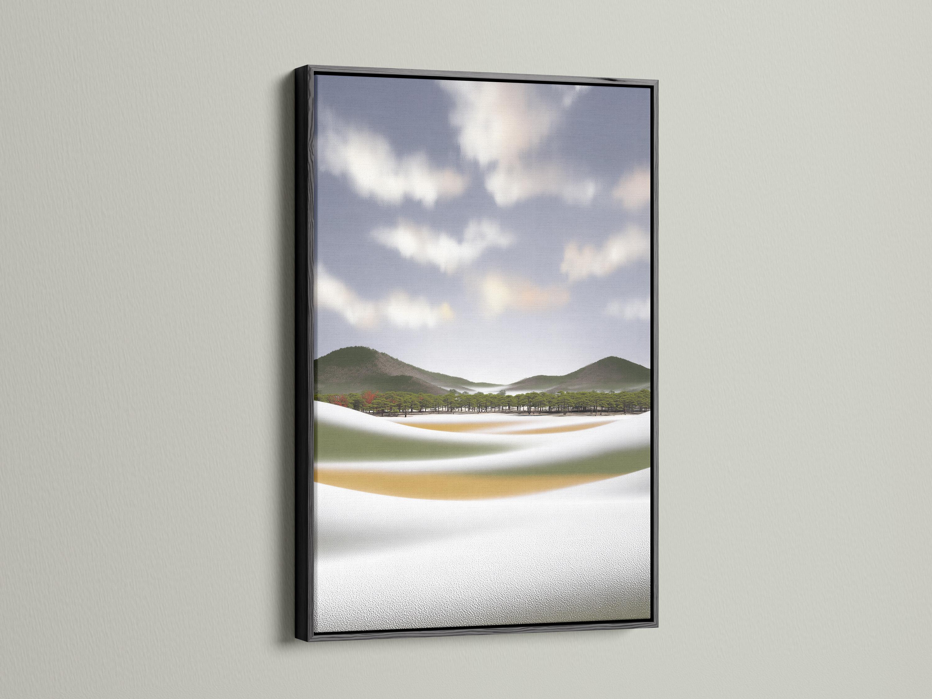 Neutral meadow landscape with rolling green hills, trees, and a misty cloud sky detail view