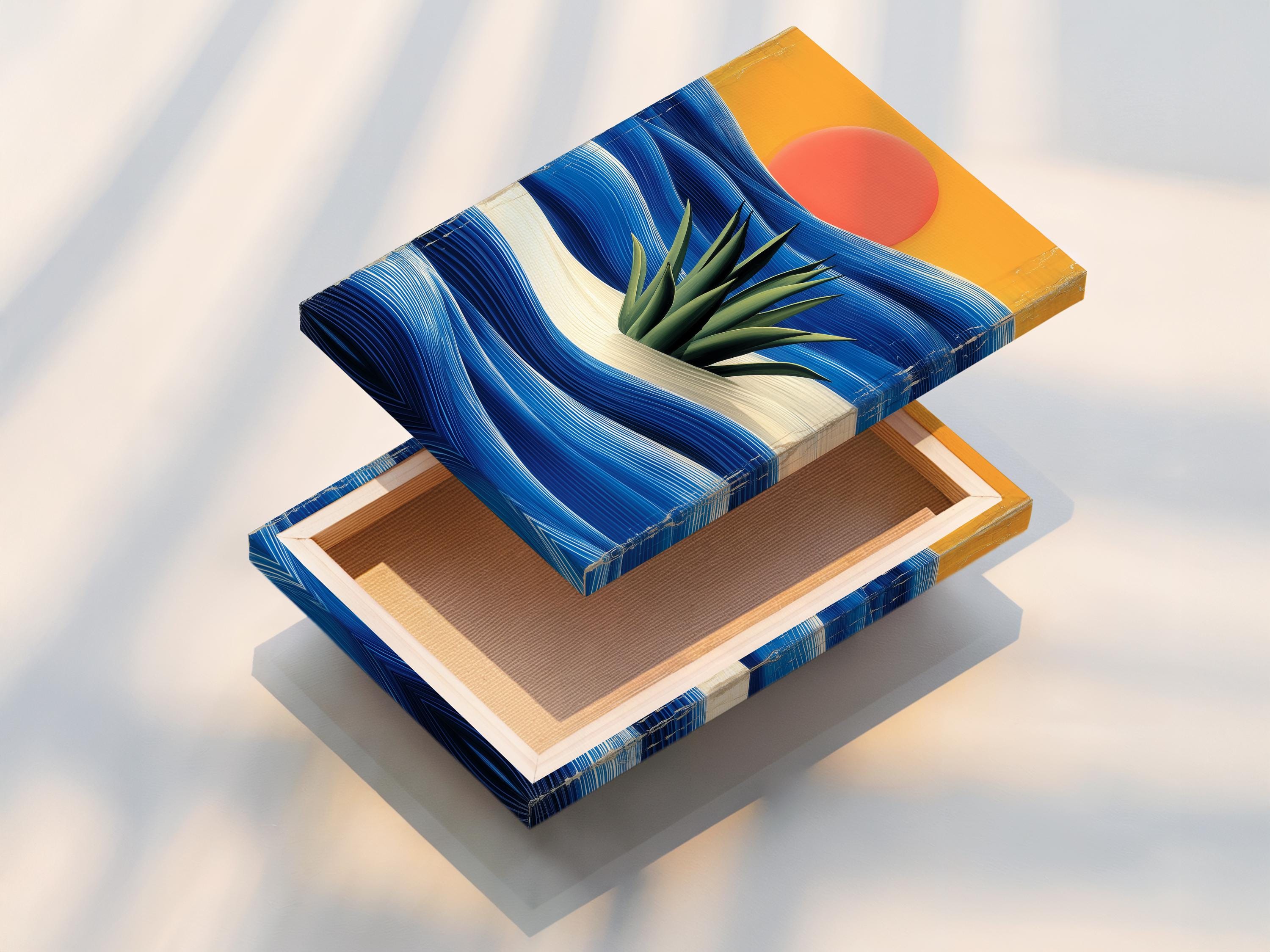 Sunset over stylised ocean waves with spiky green plants and pale sandy foreground detail view