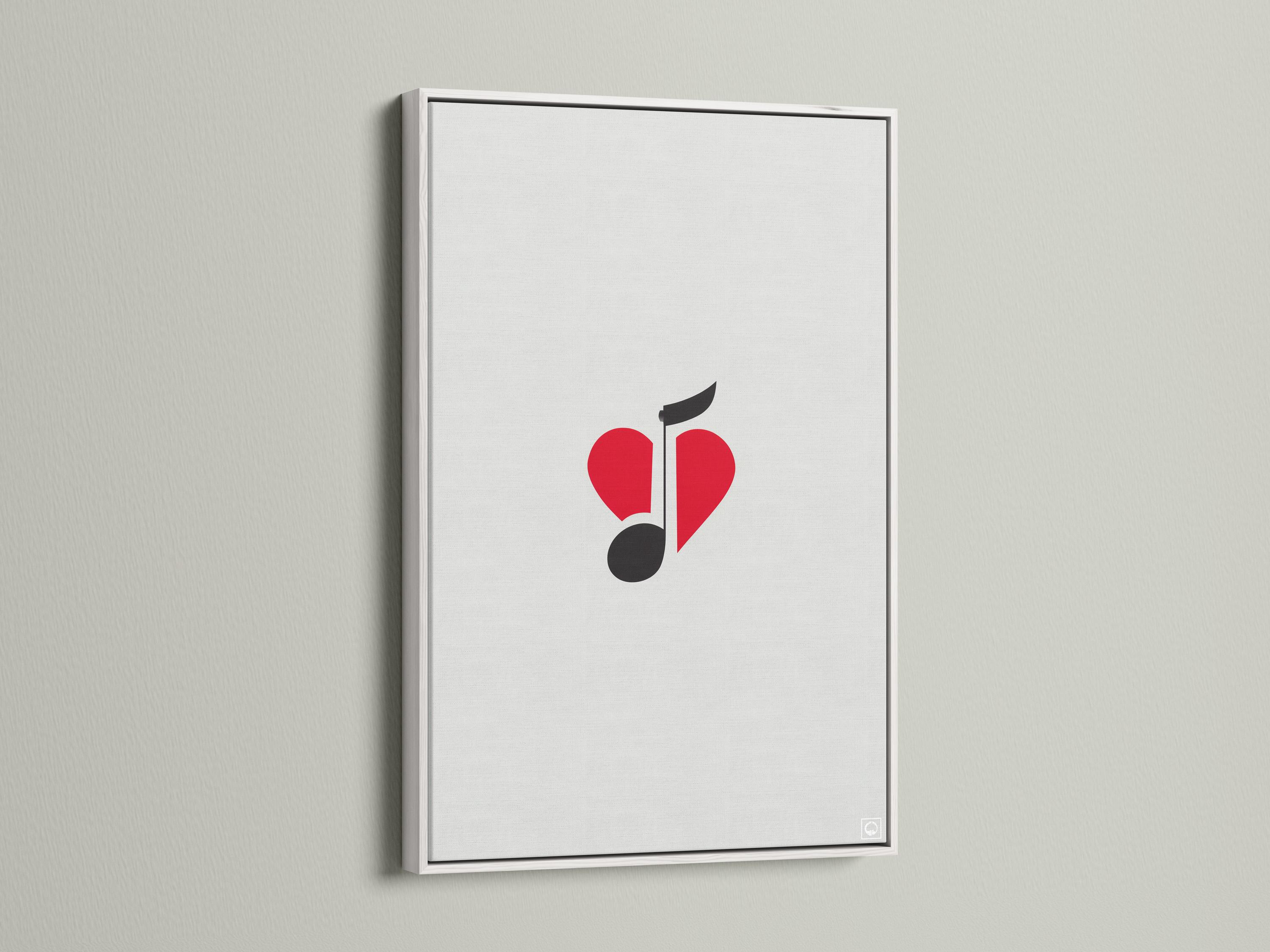 Wall mockup of minimalist red heart and black music note artwork