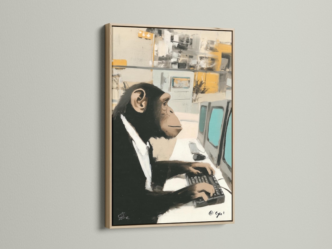 Painterly chimp in a white shirt typing at a desk with an abstract office background detail view