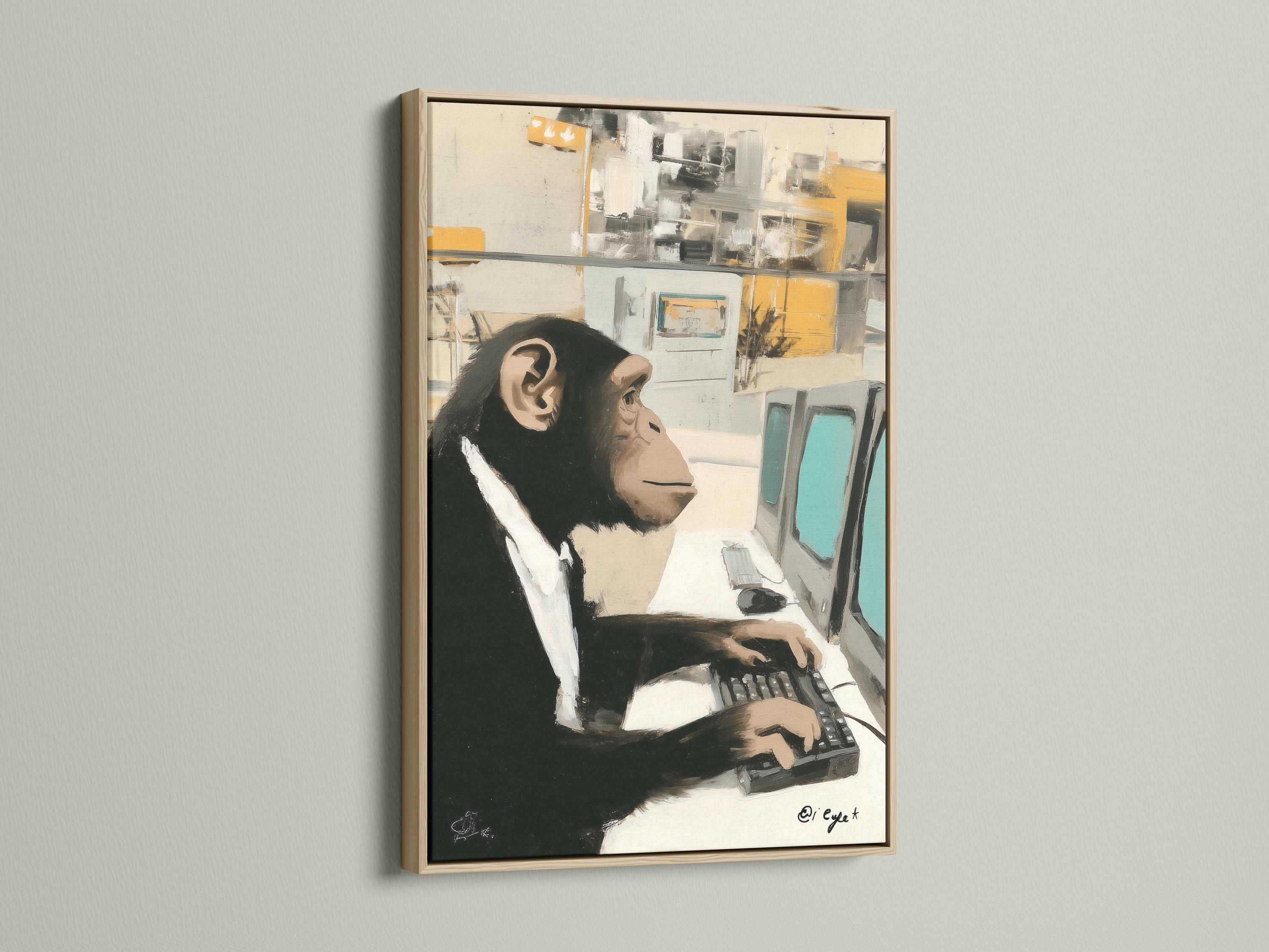 Painterly chimp in a white shirt typing at a desk with an abstract office background detail view