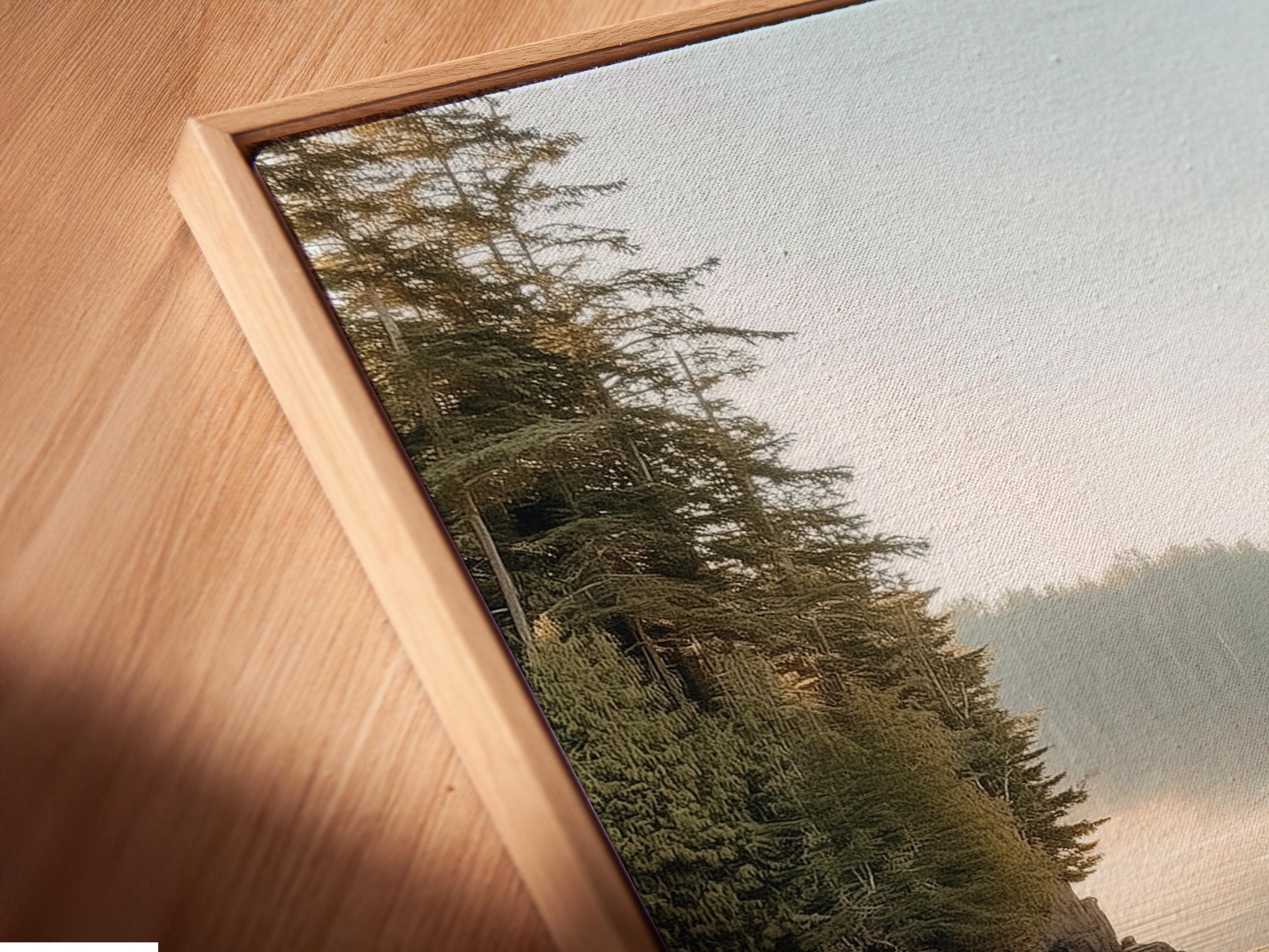 Wall mockup showing framed lake reflection artwork with wildflowers on a white background