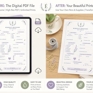 Peut inclure: Un fichier PDF numérique et un journal imprimé pour la récupération de l'épuisement professionnel. La version numérique est affichée sur une tablette, tandis que la version imprimée est sur une surface en bois. Les deux présentent un design lavande et violet avec le texte "Burnout Recovery".