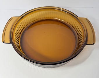 Anchor Hocking Amber Glass Round Ribbed Casserole Dish Fire-King Oven-Proof USA