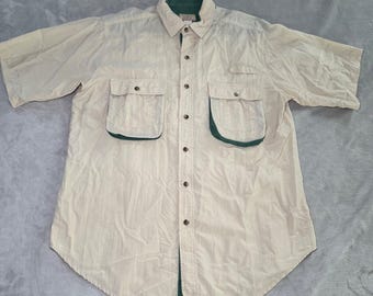 LL Bean Sportif USA Herren Beige Grün Kurzarm Fischer-Utilien-Shirt Mesh VTG