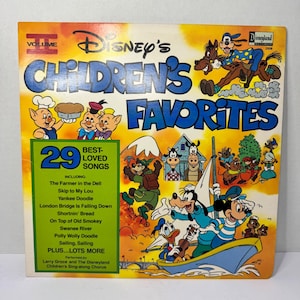 May include: Vintage Disney's Children's Favorites record album. The cover features colorful illustrations of Disney characters, including Mickey Mouse, Donald Duck, and Goofy. The album includes 29 best-loved songs, such as "The Farmer in the Dell" and "Yankee Doodle."
