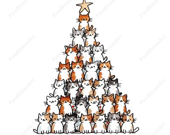 クリップアート クリスマスツリー かわいい猫、メリークリスマス、新年