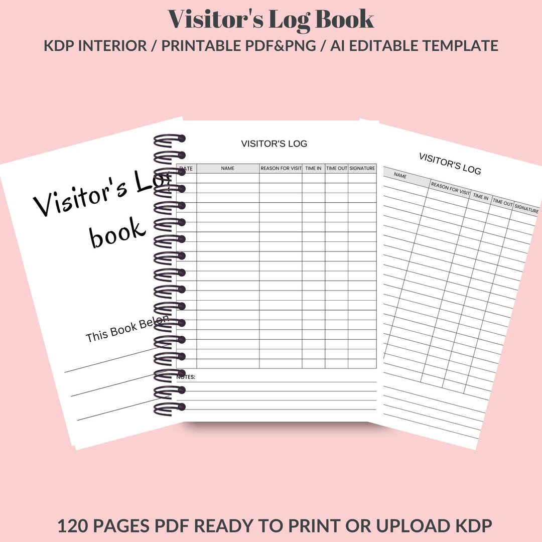 Visitors Log Book – Printable Guest Sign in Sheet, Canva Template, PDF ...