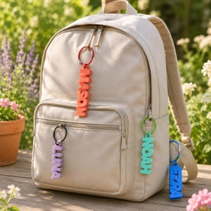 May include: A beige backpack featuring four hanging name keychains. The orange keychain reads MASON, the purple one reads LUNA, the green one reads NOAH, and the blue one reads EZRA. Each keychain is attached to a metal ring on the backpack zippers.